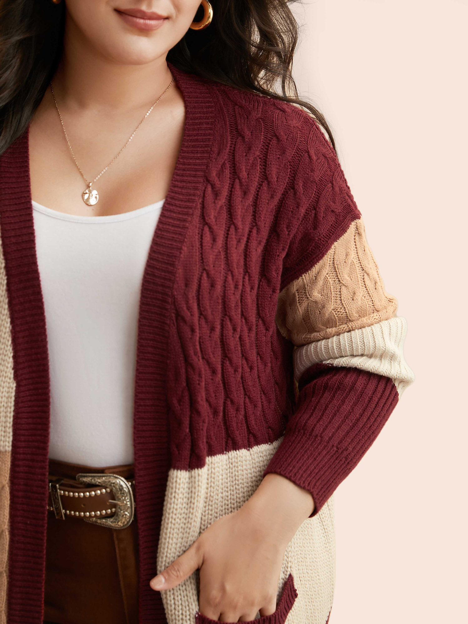 Plus Size Colorblock Contrast Cable Knit Pocket Cardigan Maroon Women Casual Loose Long Sleeve Everyday Cardigans BloomChic 10/M 