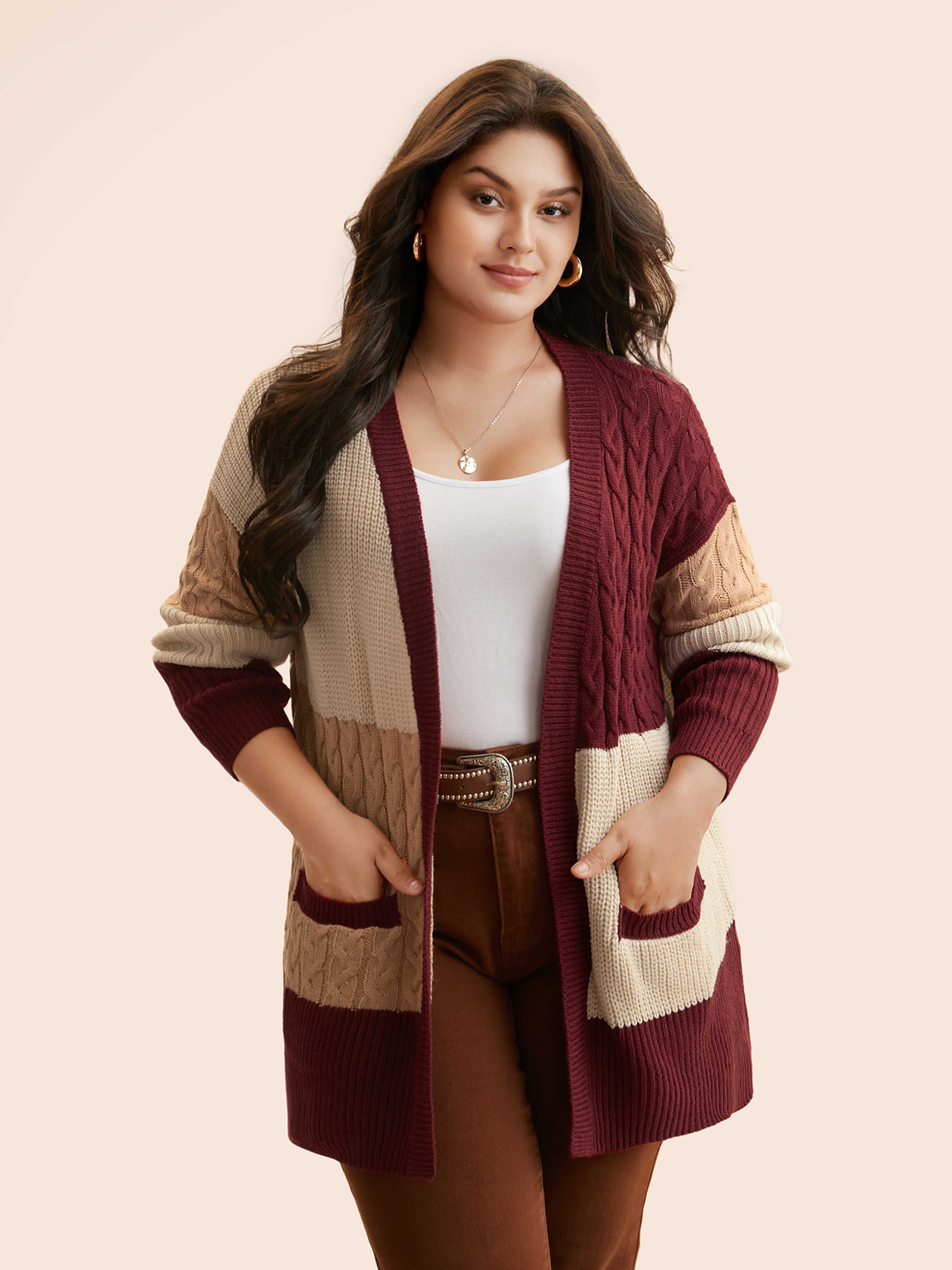 Plus Size Colorblock Contrast Cable Knit Pocket Cardigan Maroon Women Casual Loose Long Sleeve Everyday Cardigans BloomChic 10/M 