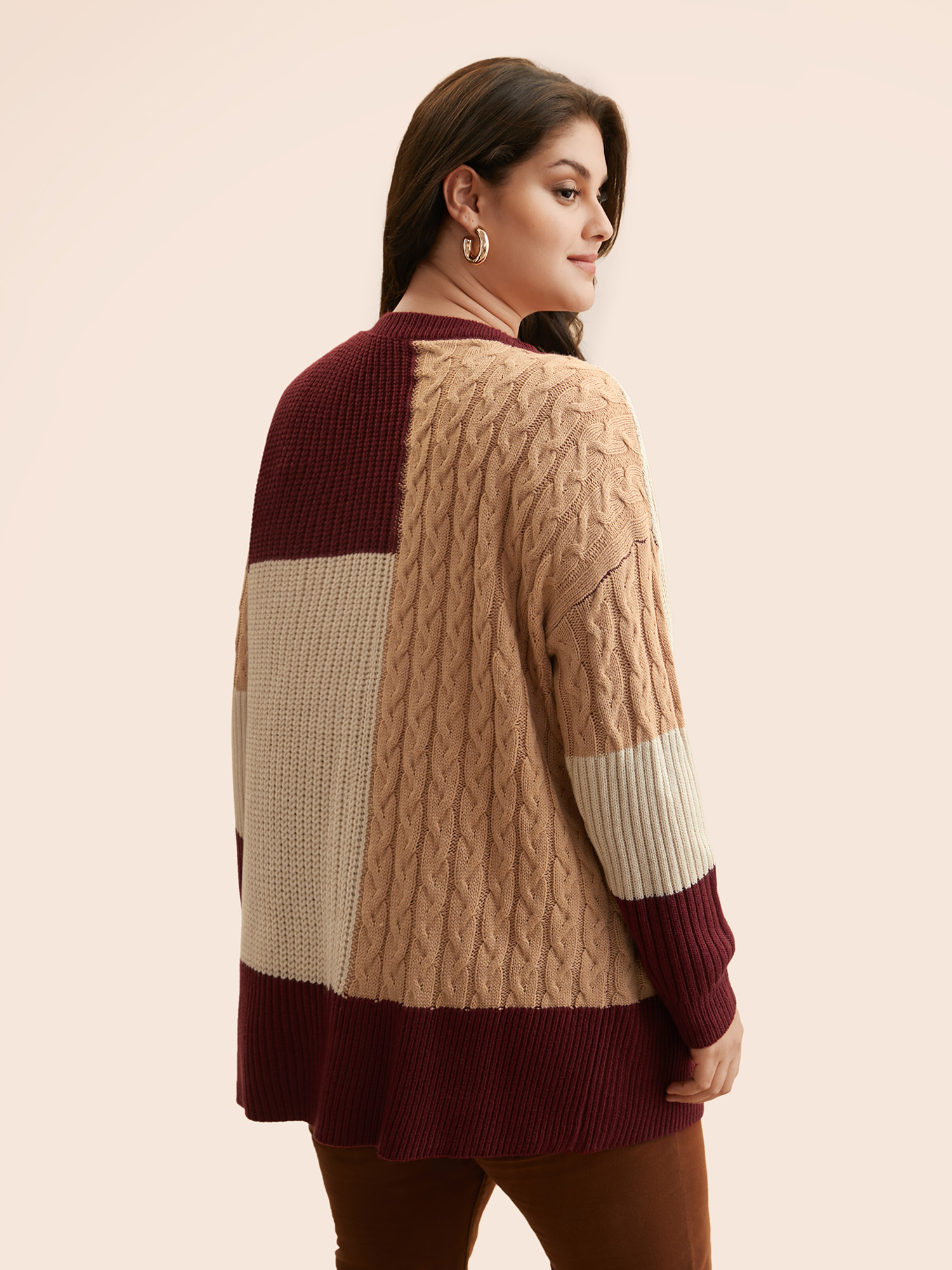 Plus Size Colorblock Contrast Cable Knit Pocket Cardigan Maroon Women Casual Loose Long Sleeve Everyday Cardigans BloomChic 10/M 