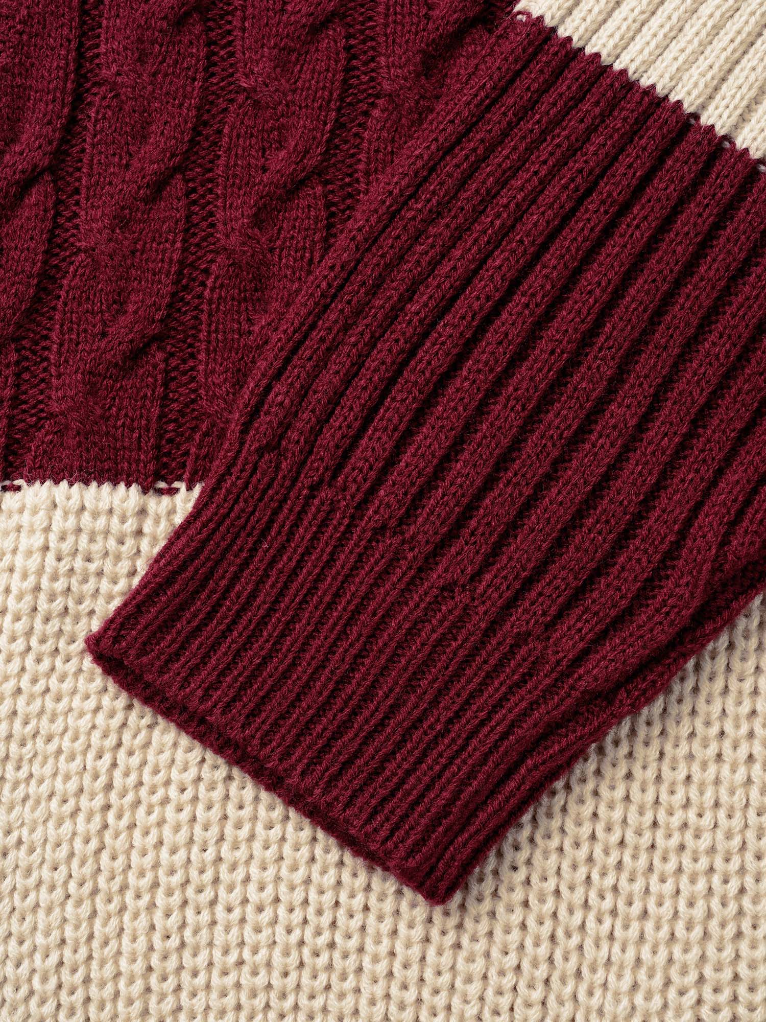 Plus Size Colorblock Contrast Cable Knit Pocket Cardigan Maroon Women Casual Loose Long Sleeve Everyday Cardigans BloomChic 10/M 