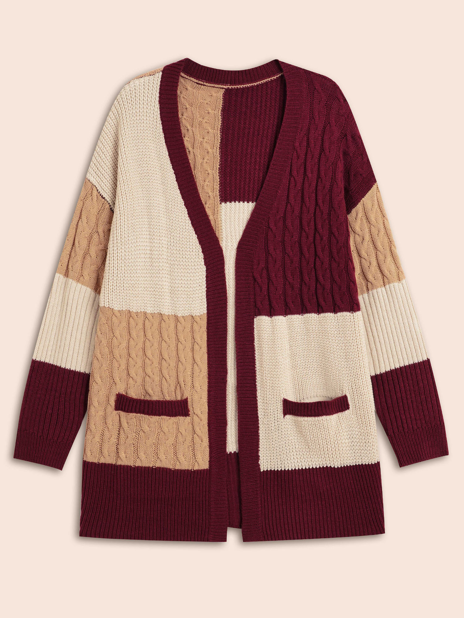 Plus Size Colorblock Contrast Cable Knit Pocket Cardigan Maroon Women Casual Loose Long Sleeve Everyday Cardigans BloomChic 10/M 