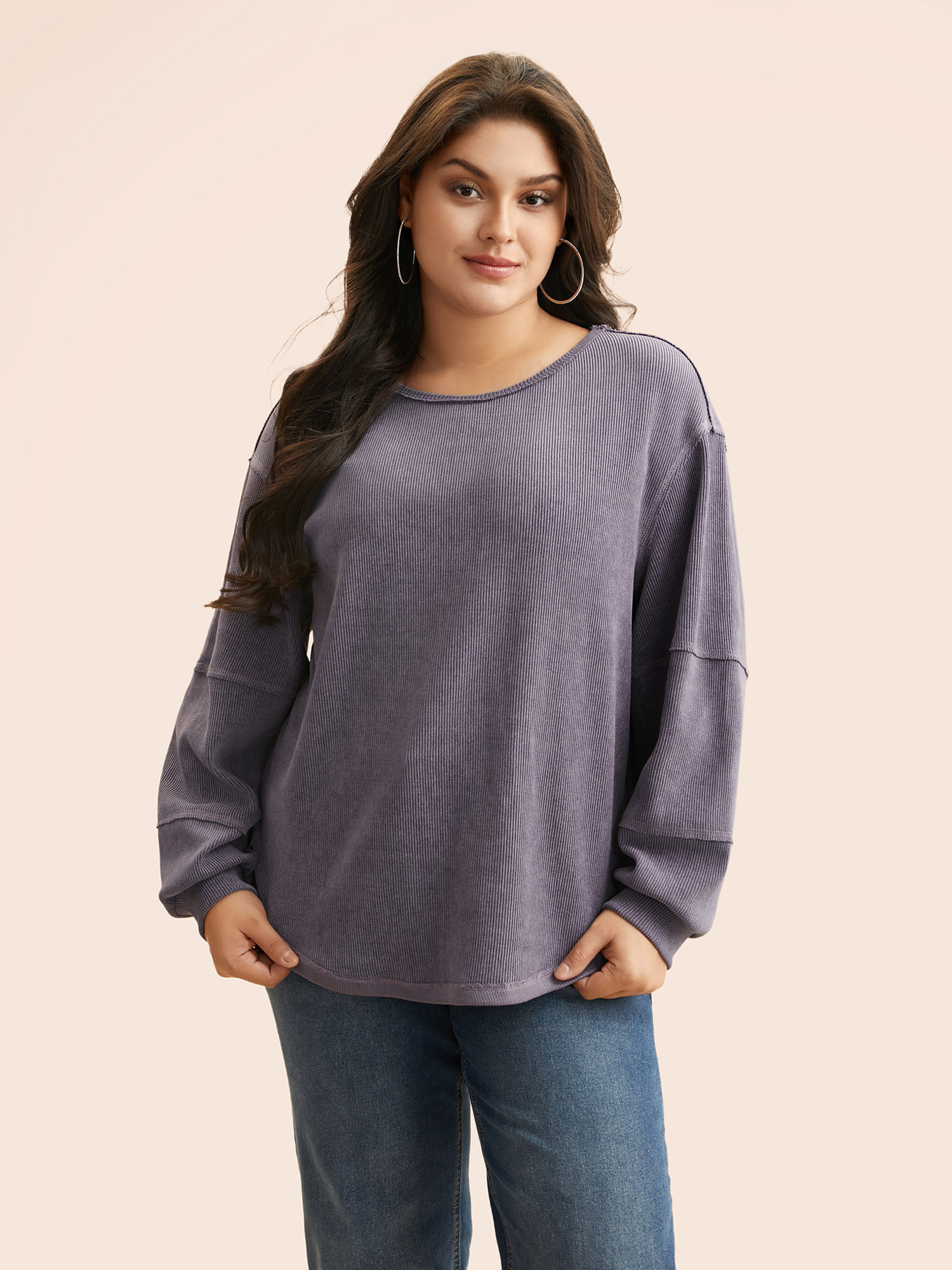 

Plus Size Texture Round Neck Split Hem Sweatshirt Women Mauve Casual Texture Loose Round Neck Everyday Sweatshirts BloomChic