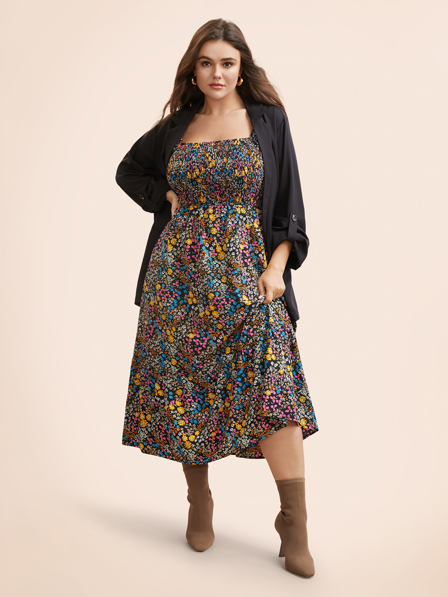 

Plus Size Ditsy Floral Shirred Ruffles Midi Dress Black Women Elegant Shirred Non Sleeveless Curvy BloomChic