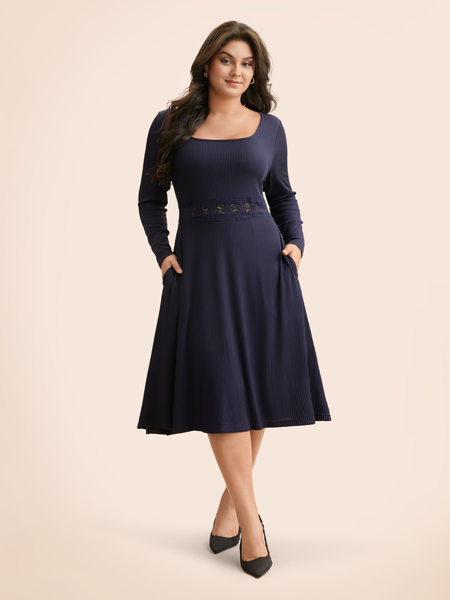 

Plus Size Square Neck Lace Patchwork Pocket Dress Navy Women Elegant Woven ribbon&lace trim Square Neck Extra Long Sleeve Curvy BloomChic