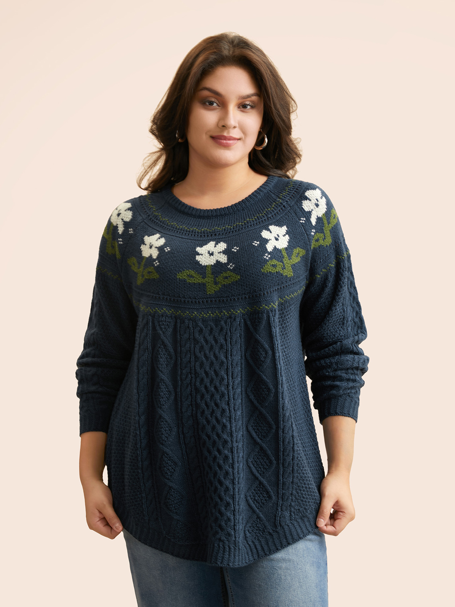 

Plus Size Floral Jacquard Raglan Sleeve Pullover Indigo Women Casual Long Sleeve Round Neck Everyday Pullovers BloomChic