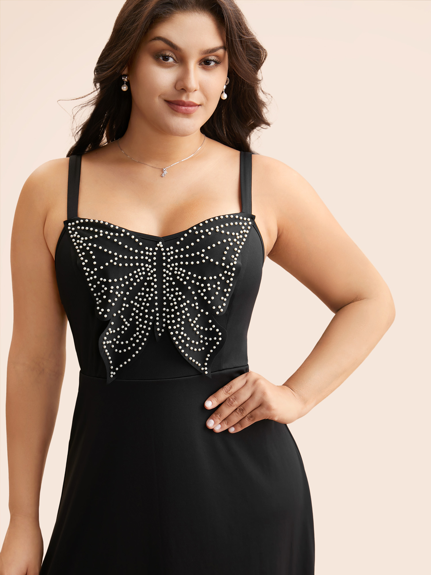 Plus Size Butterfly Pearl Beaded Cami Dress Black Women Elegant Beaded V-neck Sleeveless Curvy BloomChic 12/L 