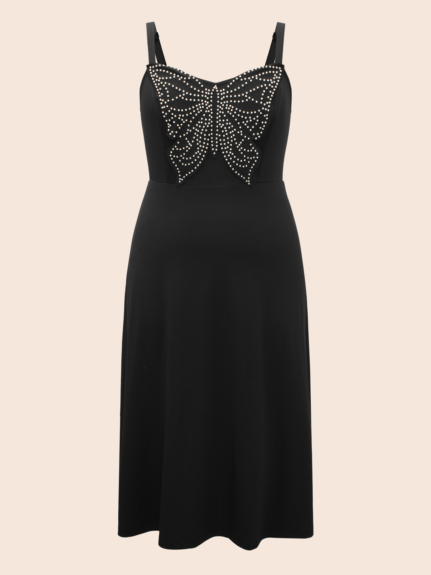 Plus Size Butterfly Pearl Beaded Cami Dress Black Women Elegant Beaded V-neck Sleeveless Curvy BloomChic 12/L 
