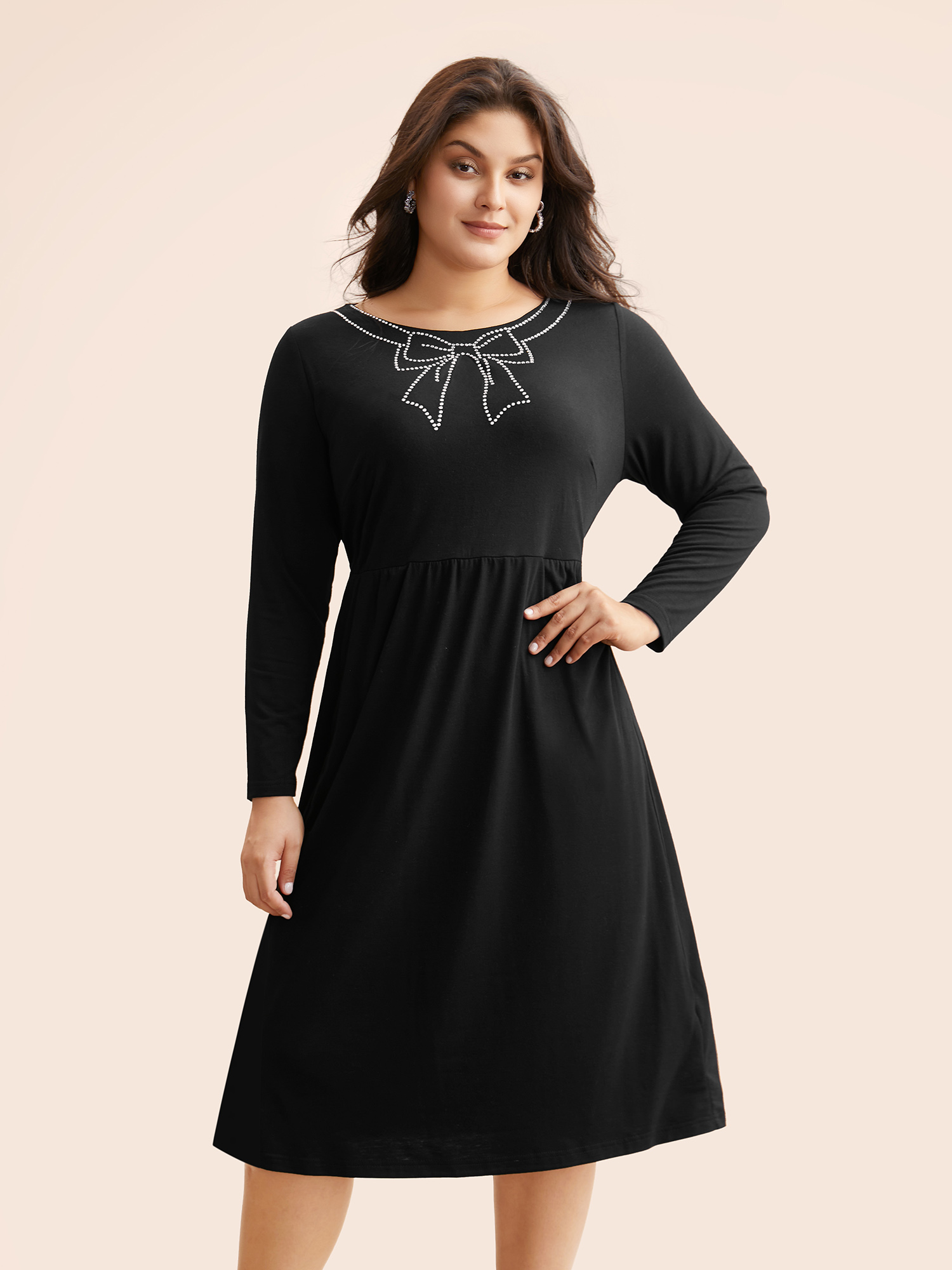 

Plus Size Round Neck Bowknot Rhinestone Dress Black Women Resort Rhinestone detailing Round Neck Long Sleeve Curvy BloomChic