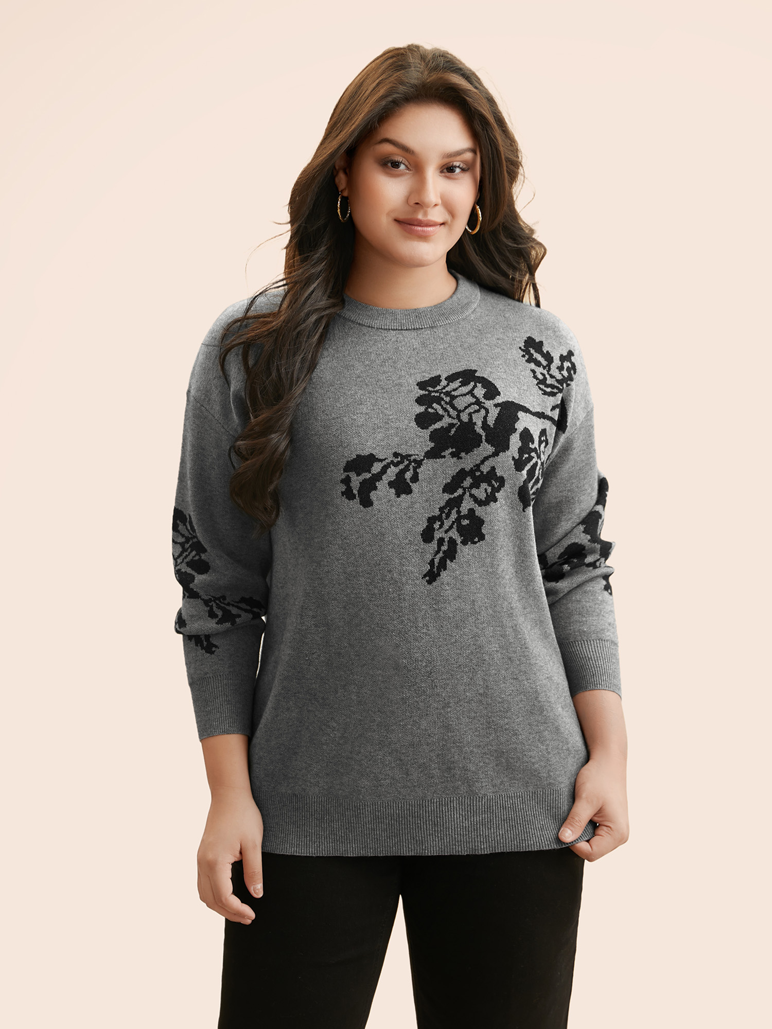 

Plus Size Supersoft Essentials Jacquard Drop Shoulder Pullover DimGray Women Casual Loose Long Sleeve Round Neck Everyday Pullovers BloomChic