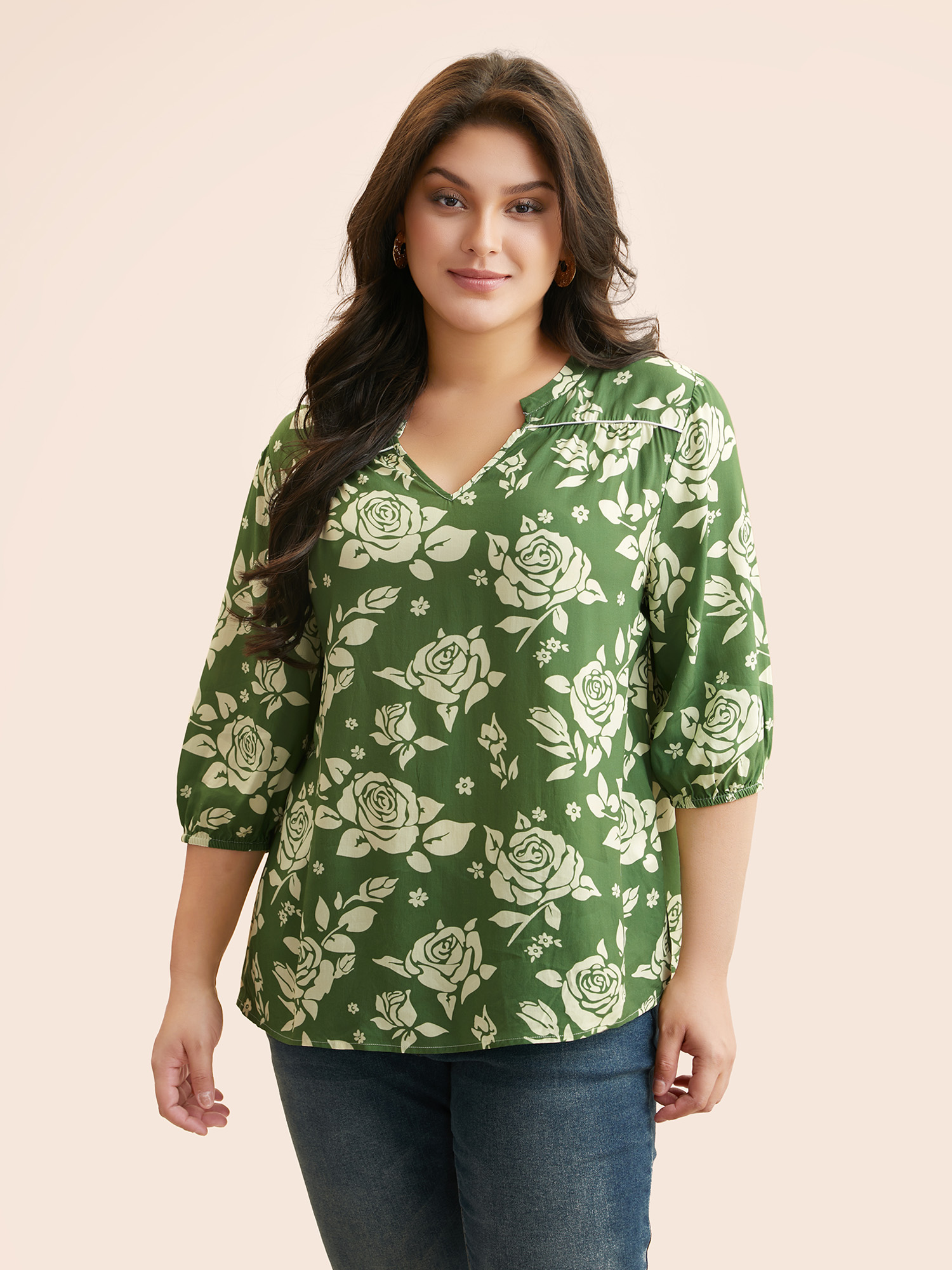 

Plus Size Moss Floral Notched Gathered Lantern Sleeve Blouse Women Elegant Elbow-length sleeve Flat collar with V-notch Everyday Blouses BloomChic