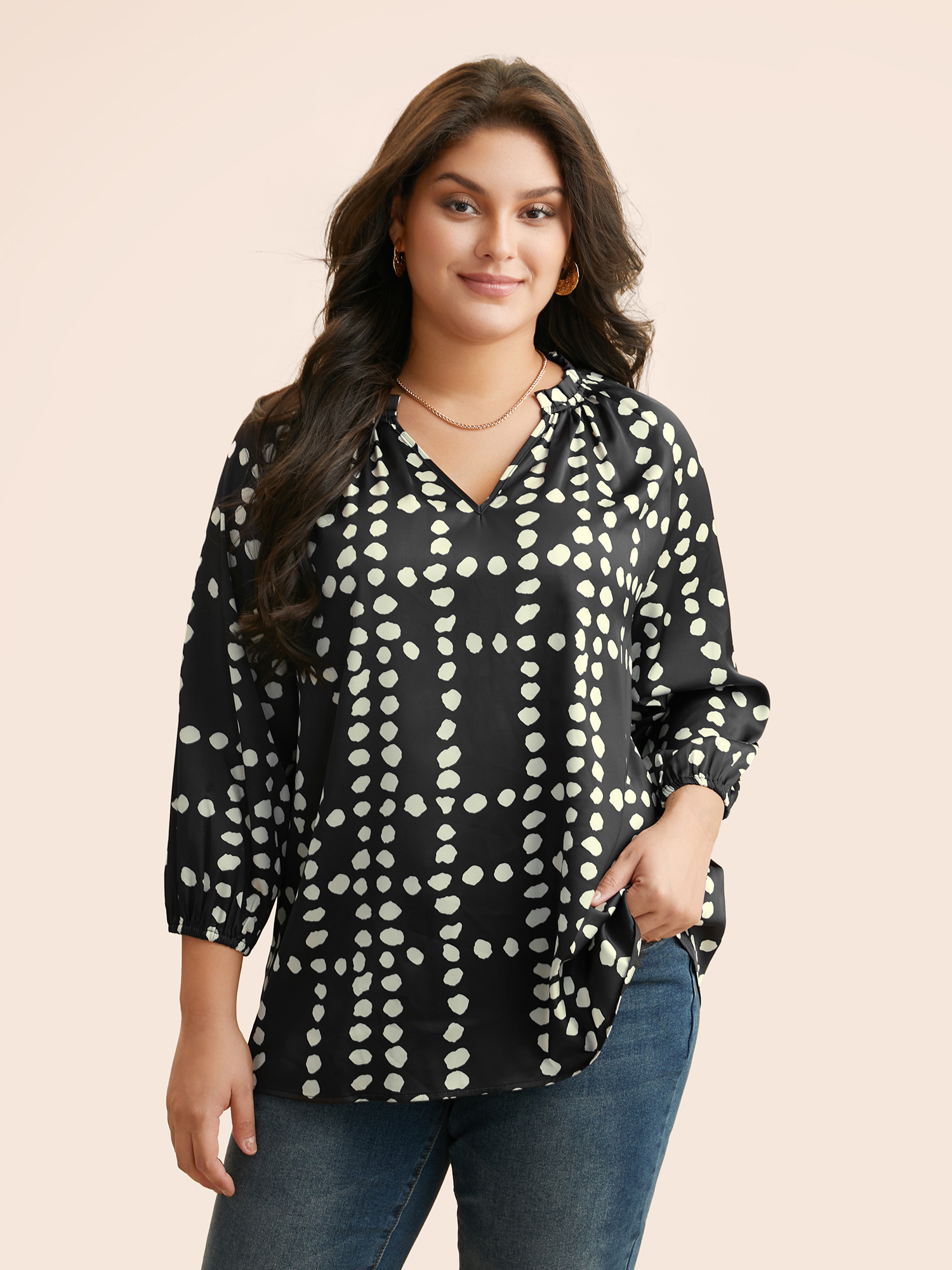 

Plus Size Black Polka Dot Ruffles Gathered Blouse Women Elegant Elbow-length sleeve V-neck Everyday Blouses BloomChic