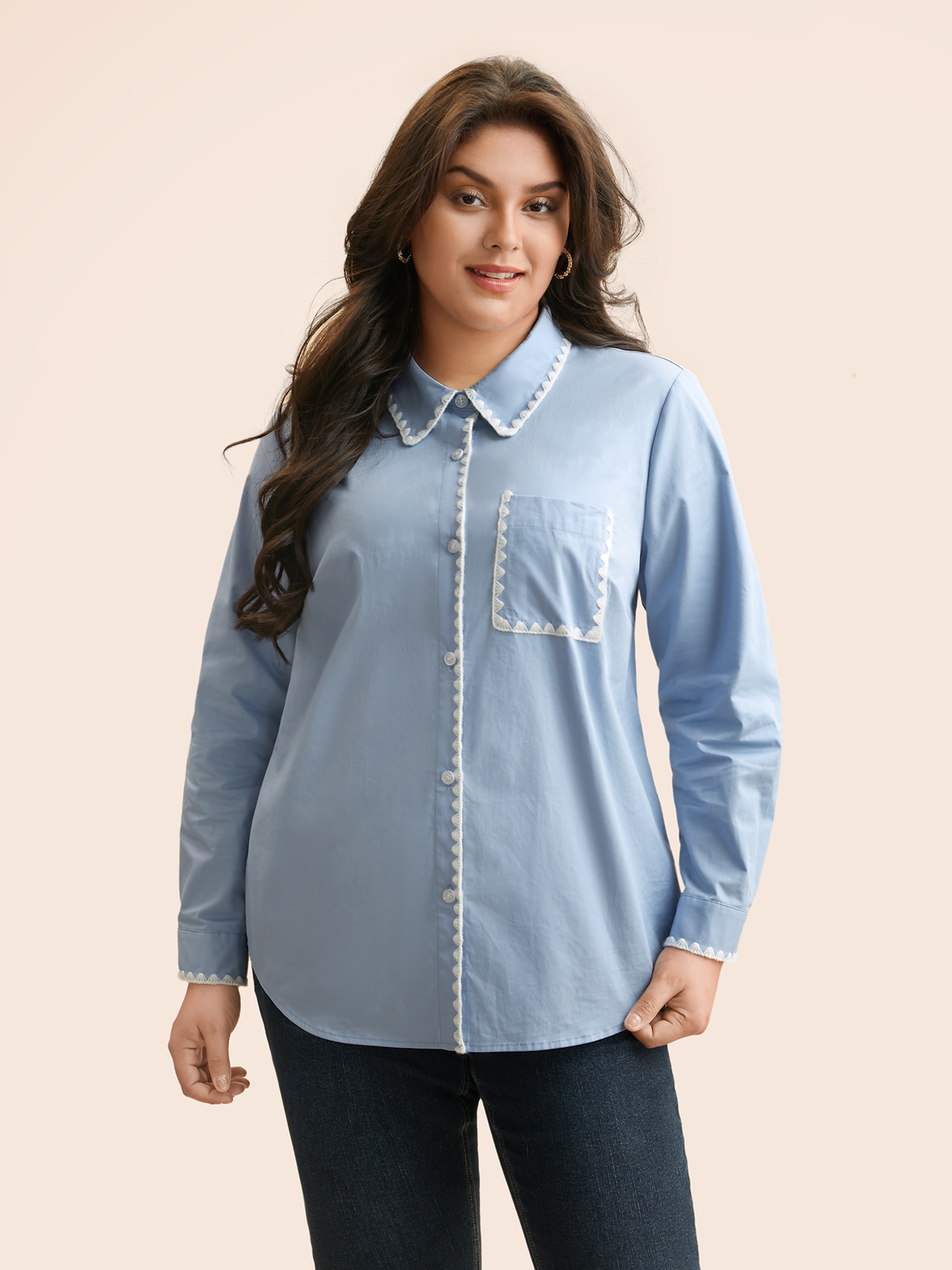 

Plus Size Cotton Embroidered Trim Patch Pocket Shirt Stone Long Sleeve Shirt collar Elegant Shirts