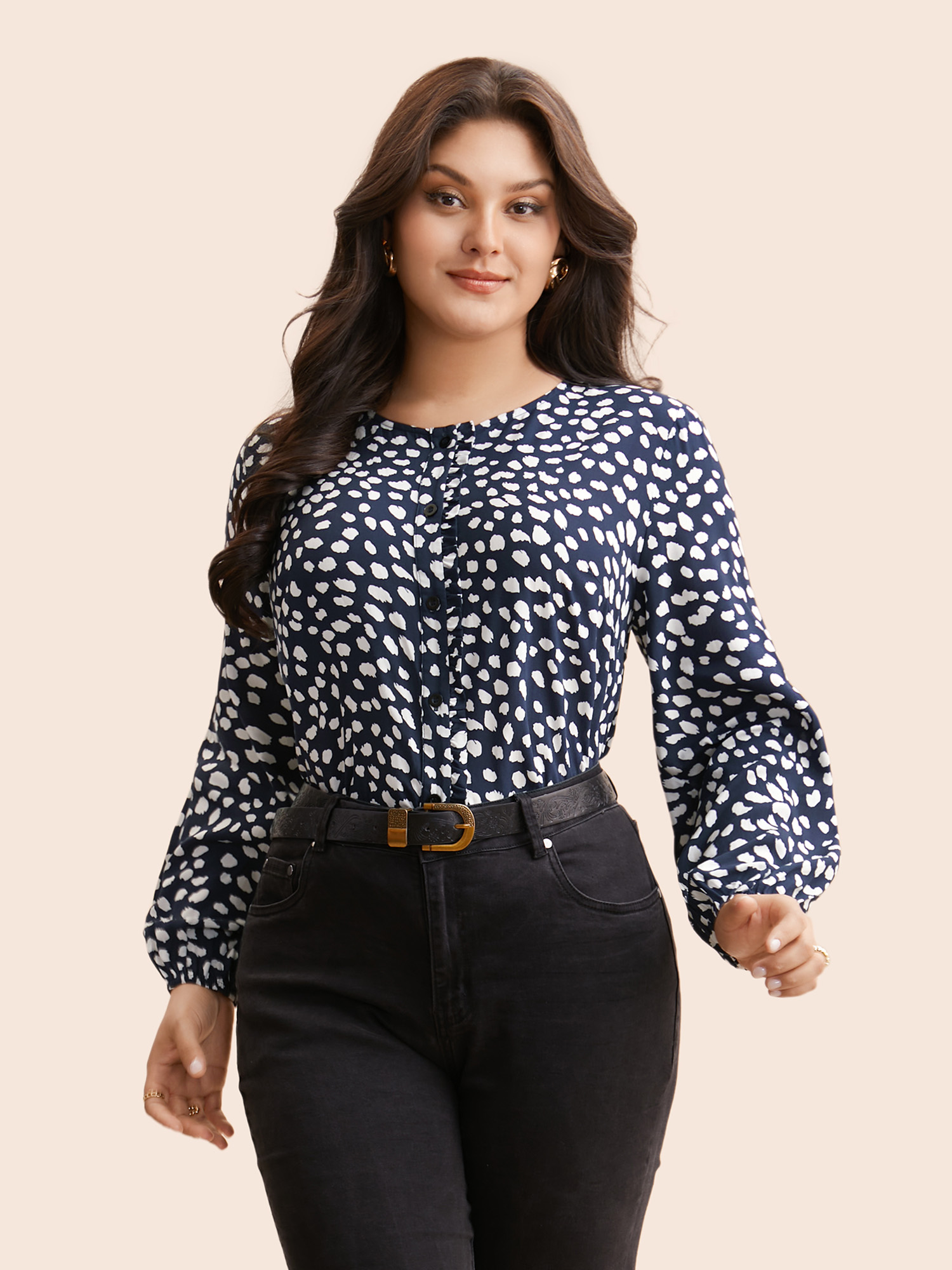 

Plus Size Indigo Leopard Print Ruffles Lantern Sleeve Blouse Women Elegant Long Sleeve Round Neck Everyday Blouses BloomChic