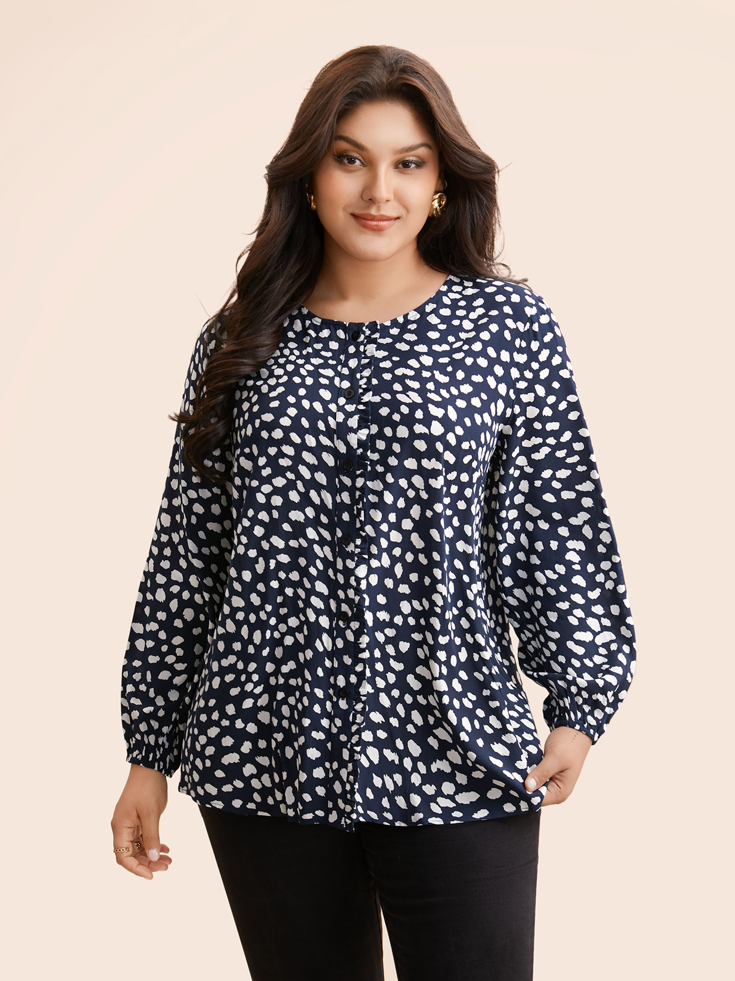 

Plus Size Indigo Leopard Print Ruffles Lantern Sleeve Blouse Women Elegant Long Sleeve Round Neck Everyday Blouses BloomChic