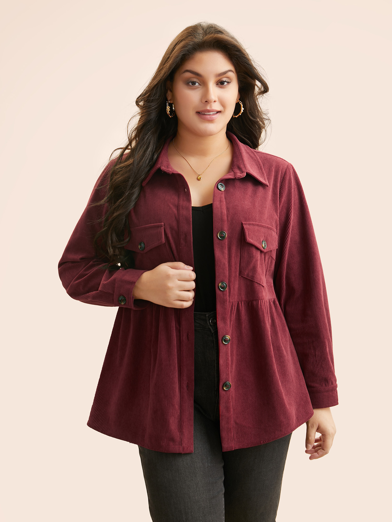 

Plus Size Corduroy Flap Detail Gathered Jacket Women Scarlet Gathered Open pocket with flap Everyday Jackets BloomChic