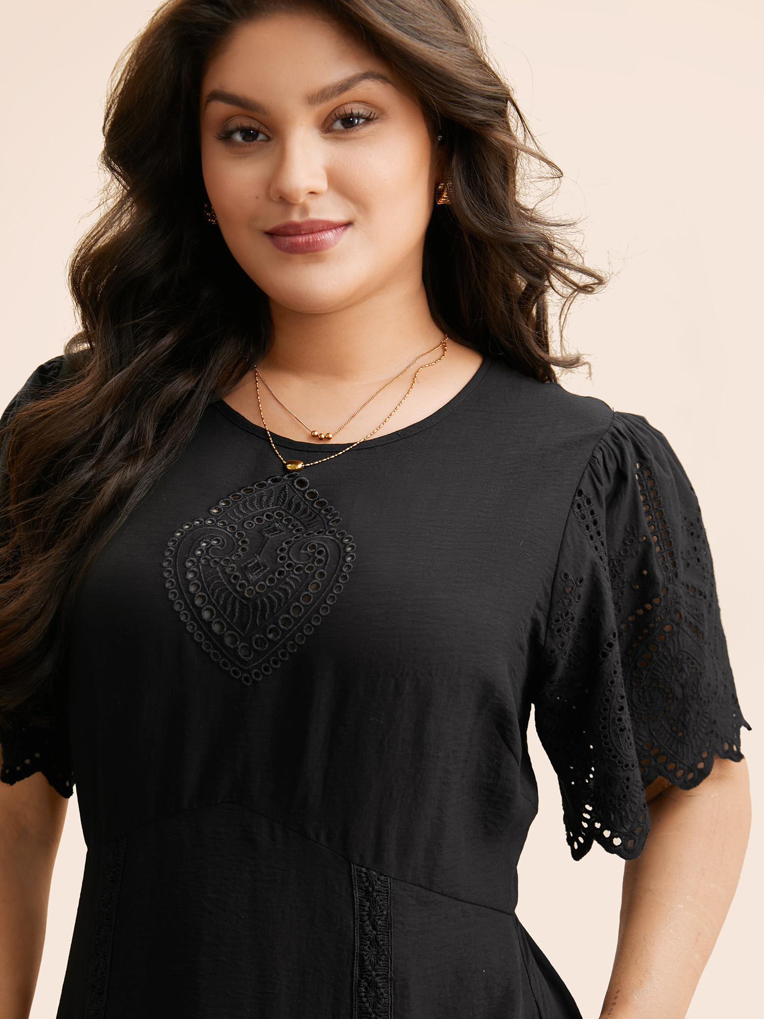 

Plus Size Broderie Anglaise Woven Ribbon Midi Dress Black Women Elegant Woven ribbon&lace trim Round Neck Short sleeve Curvy BloomChic