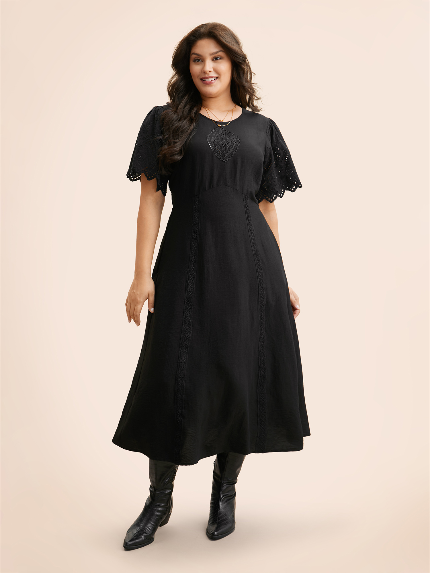 

Plus Size Broderie Anglaise Woven Ribbon Midi Dress Black Women Elegant Woven ribbon&lace trim Round Neck Short sleeve Curvy BloomChic