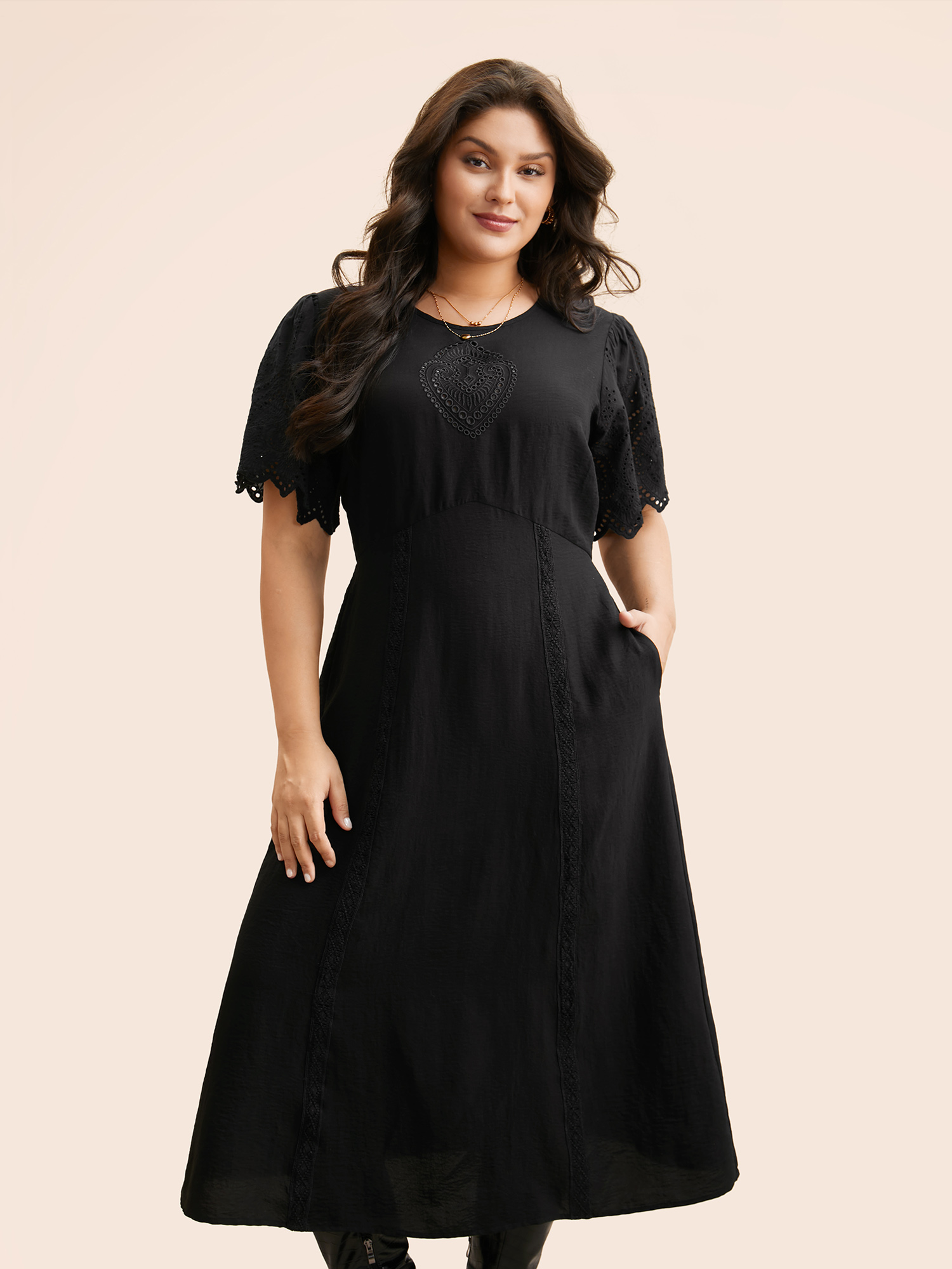 

Plus Size Broderie Anglaise Woven Ribbon Midi Dress Black Women Elegant Woven ribbon&lace trim Round Neck Short sleeve Curvy BloomChic