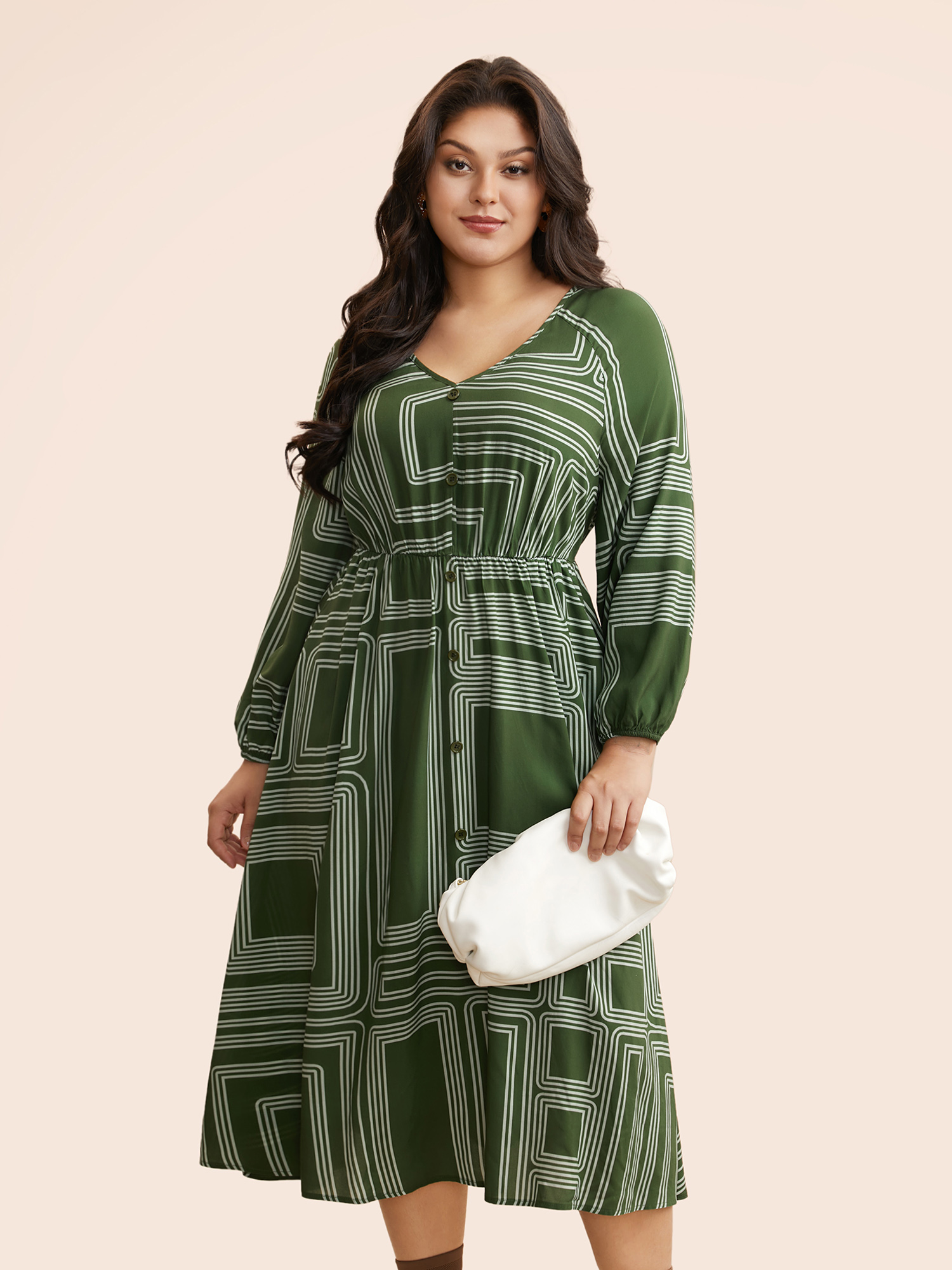 

Plus Size Geometric Button Detail Lantern Sleeve Dress Moss Women At the Office Button V-neck Long Sleeve Curvy BloomChic