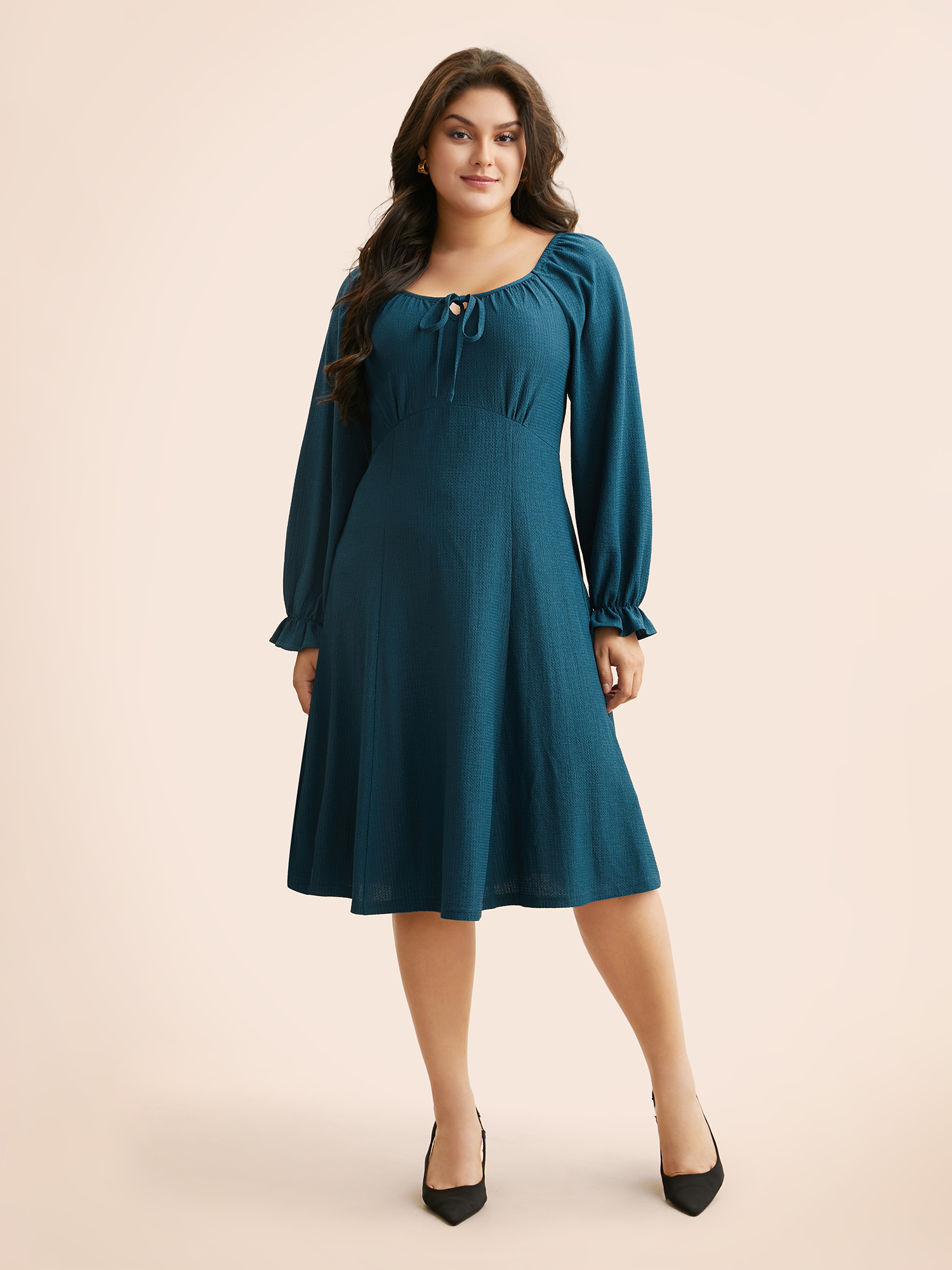 

Plus Size Texture Tie Knot Gathered Ruffles Dress Aegean Women Elegant Tie knot U-neck Long Sleeve Curvy BloomChic