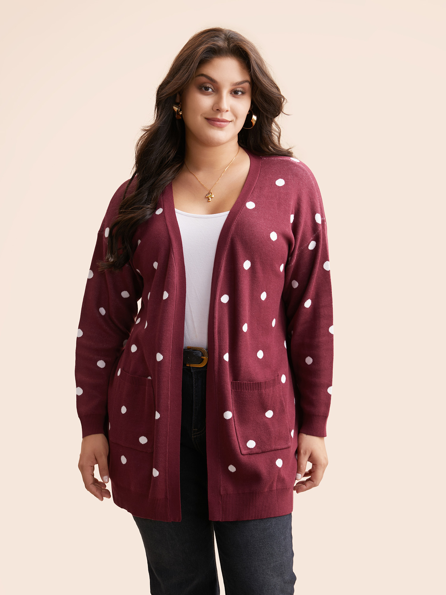 

Plus Size Polka Dot Kimono Collar Patch Pocket Cardigan Scarlet Women Casual Loose Long Sleeve Everyday Cardigans BloomChic