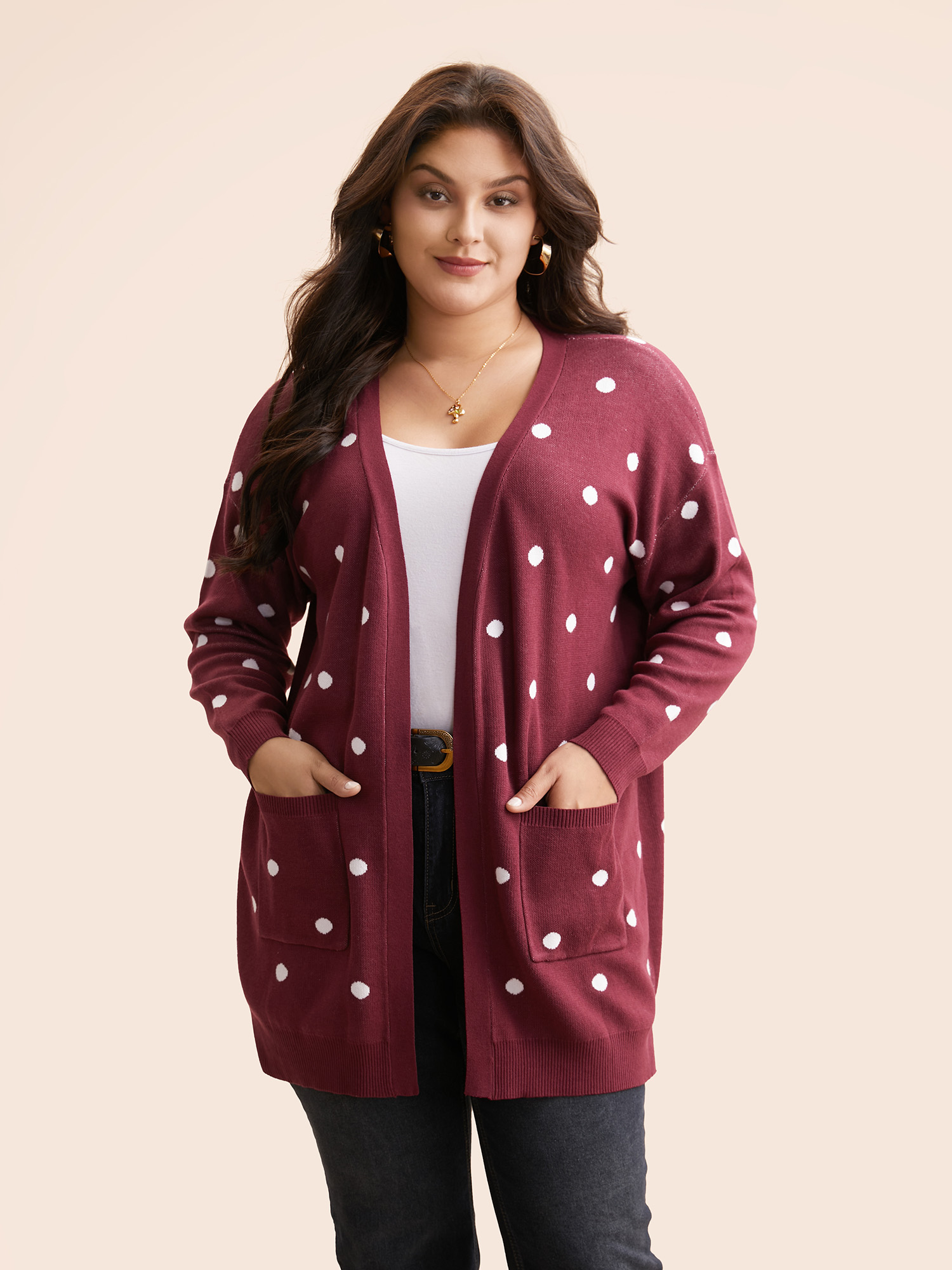 

Plus Size Polka Dot Kimono Collar Patch Pocket Cardigan Scarlet Women Casual Loose Long Sleeve Everyday Cardigans BloomChic