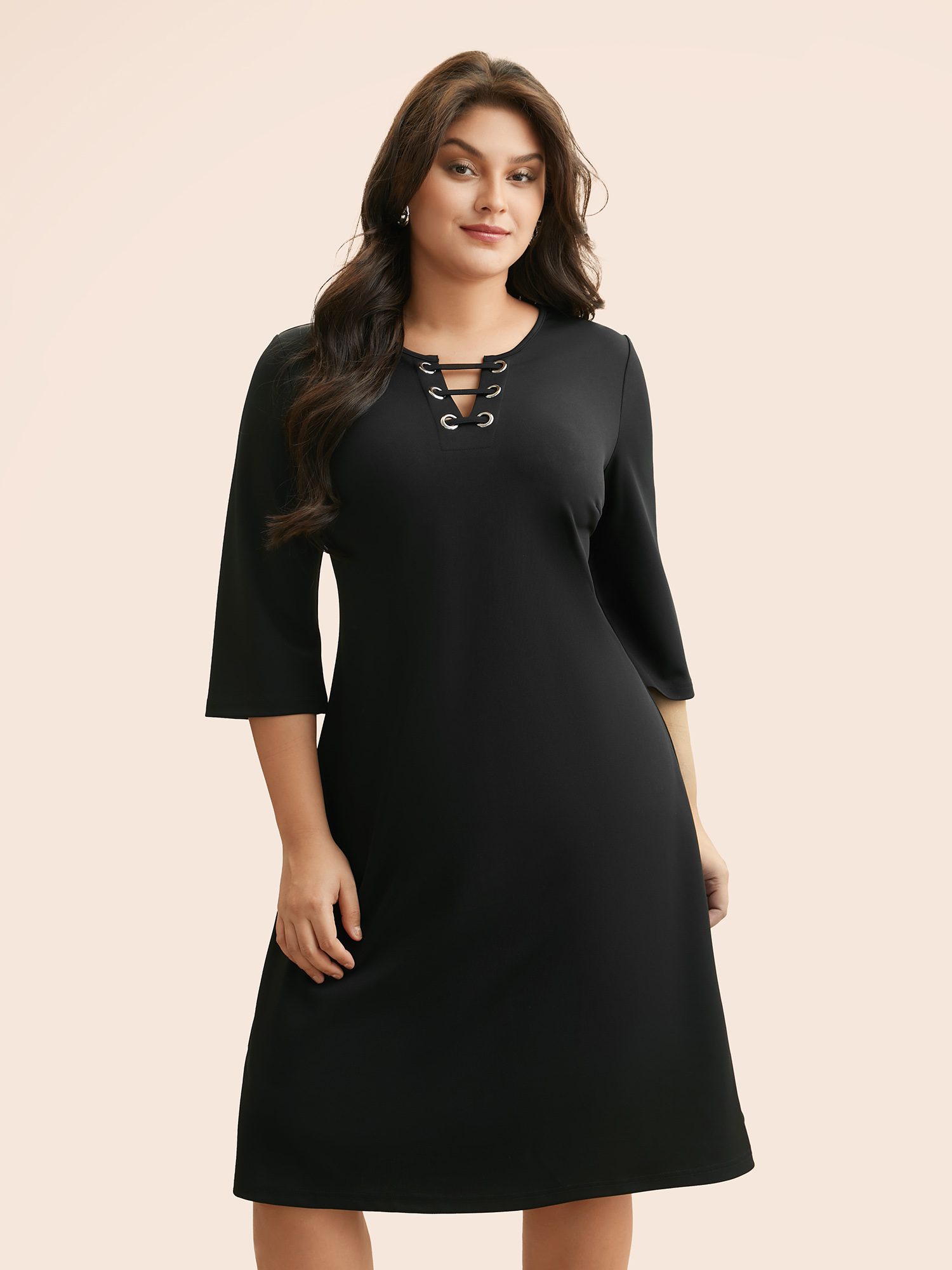 

Plus Size Solid Cut Out Eyelet Dress Black Women Elegant Eyelet Round Neck Elbow-length sleeve Curvy BloomChic