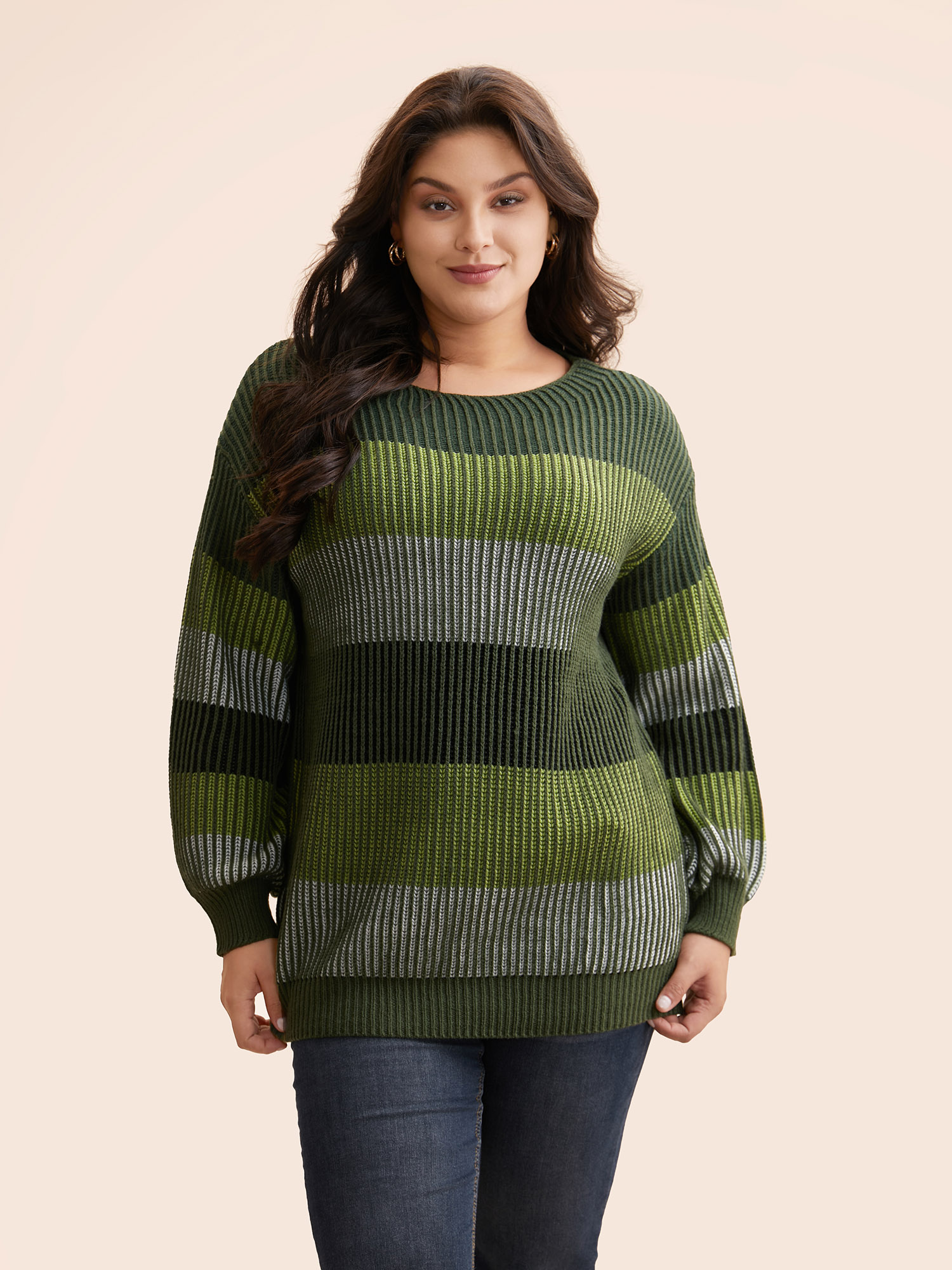 

Plus Size Textured Striped Contrast Patchwork Pullover ArmyGreen Women Casual Long Sleeve Round Neck Everyday Pullovers BloomChic