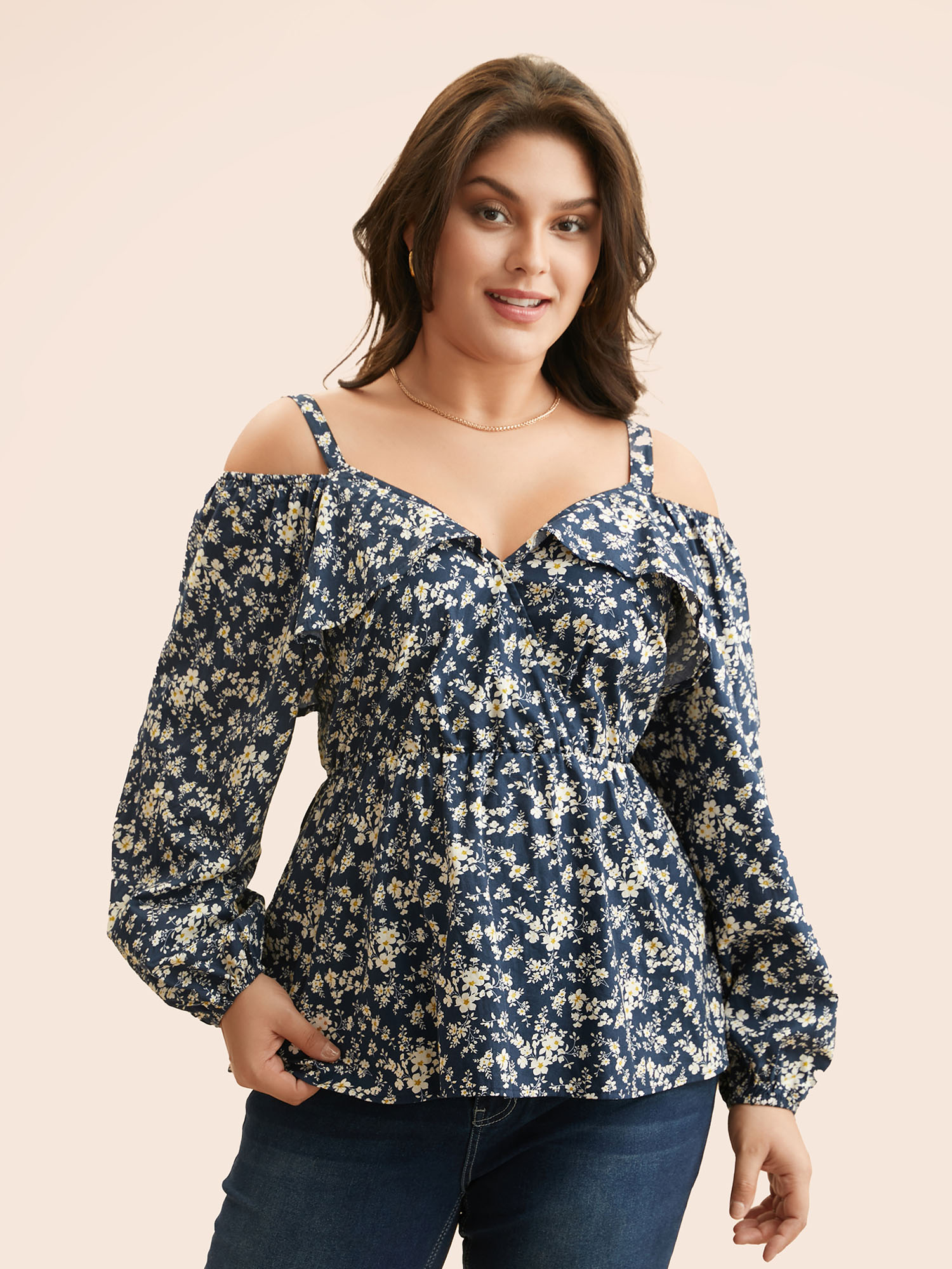 

Plus Size Indigo Ditsy Floral Lantern Sleeve Ruffle Trim Blouse Women Elegant Long Sleeve Asymmetrical Neck Everyday Blouses BloomChic