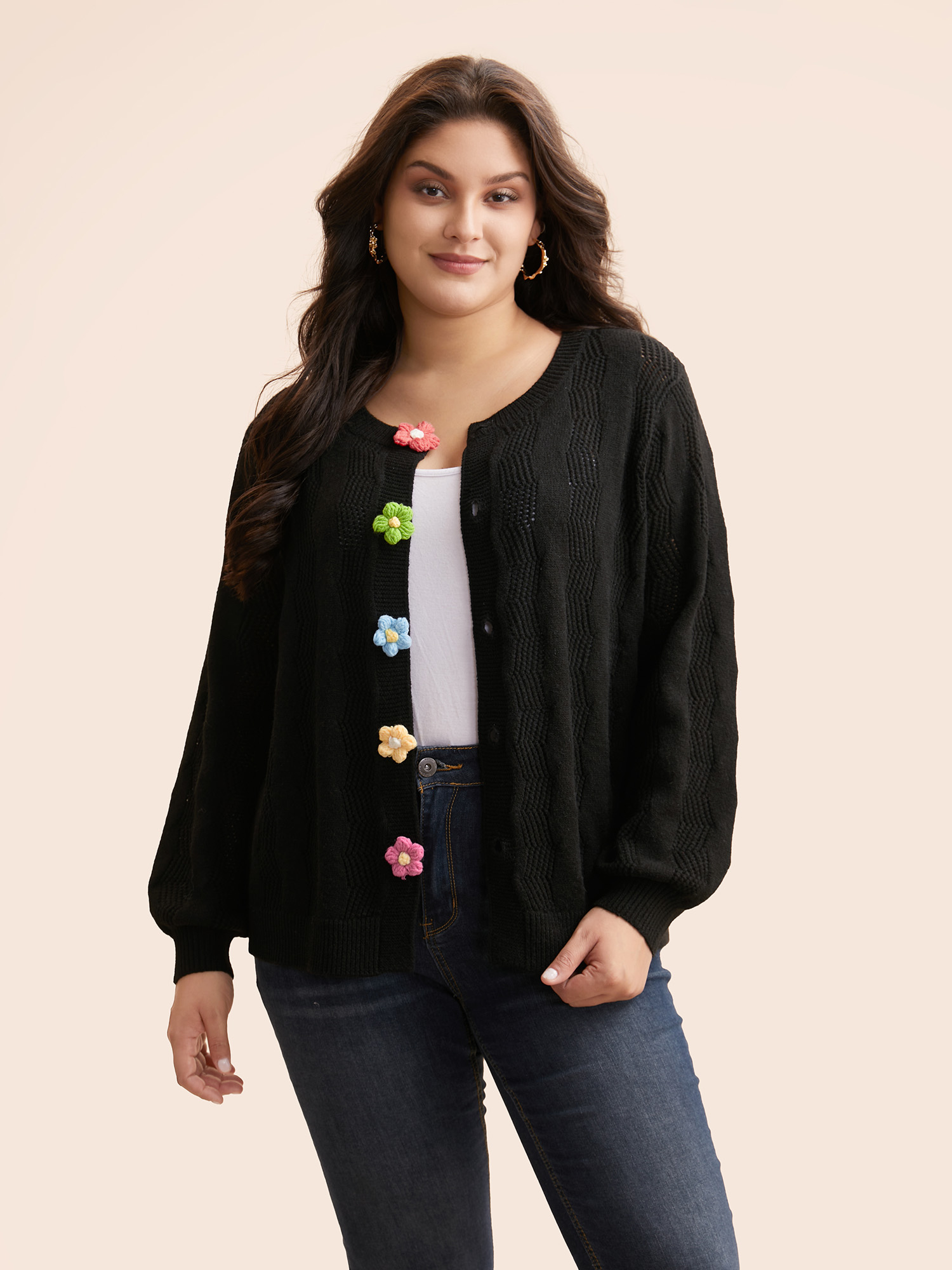 

Plus Size Supersoft Essentials Stereo Flower Design Textured Cardigan Black Women Casual Loose Long Sleeve Everyday Cardigans BloomChic