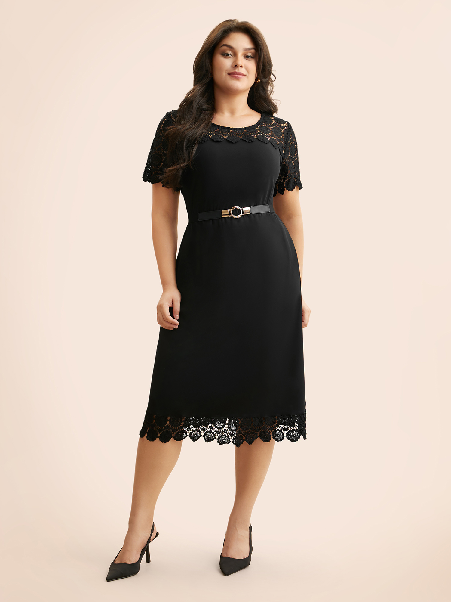 

Plus Size Crew Neck Lace Panel Midi Dress Black Women Elegant Woven ribbon&lace trim Round Neck Short sleeve Curvy BloomChic