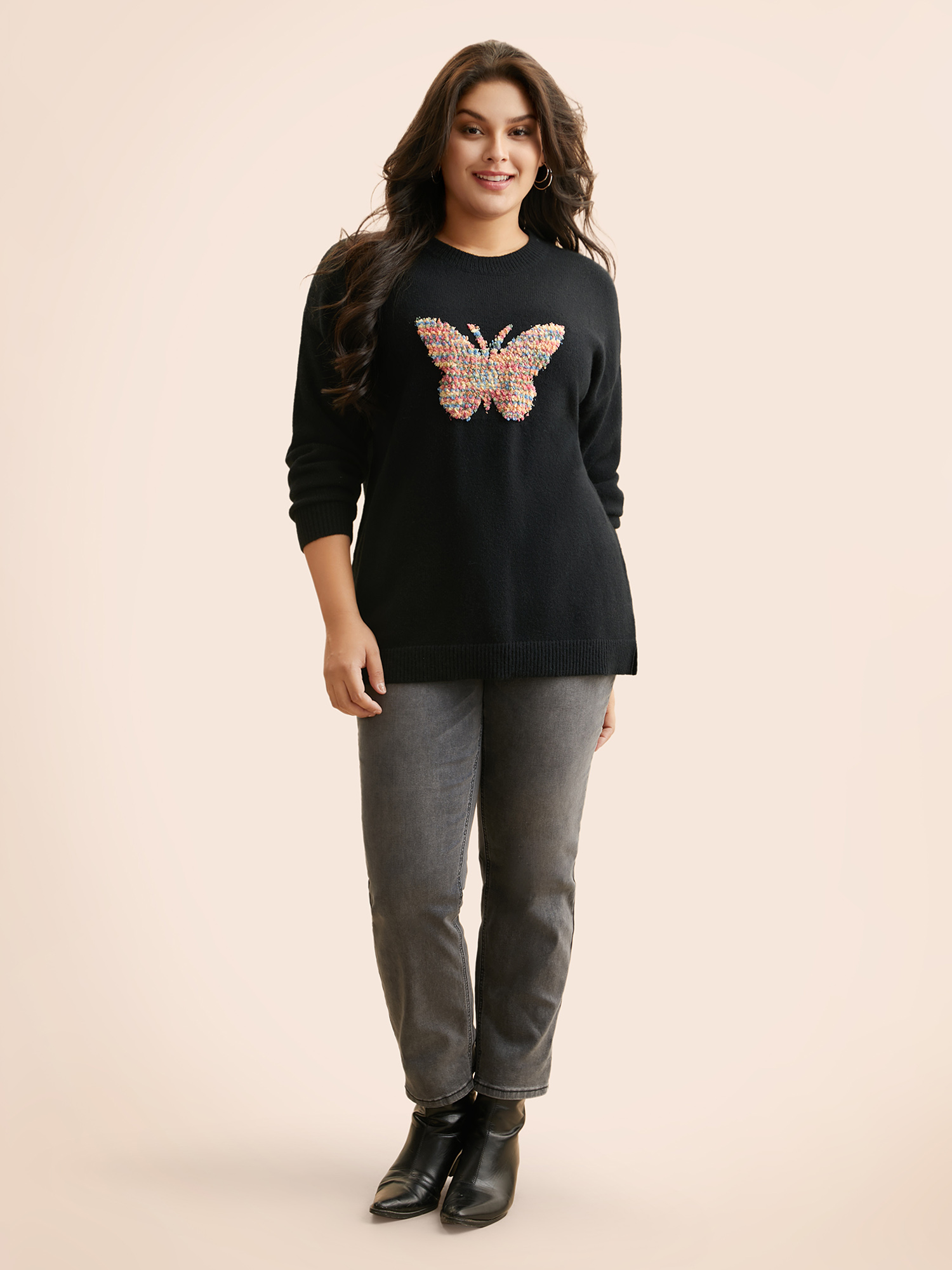 

Plus Size Butterfly Jacquard Drop Shoulder Pullover Black Women Casual Long Sleeve Round Neck Everyday Pullovers BloomChic