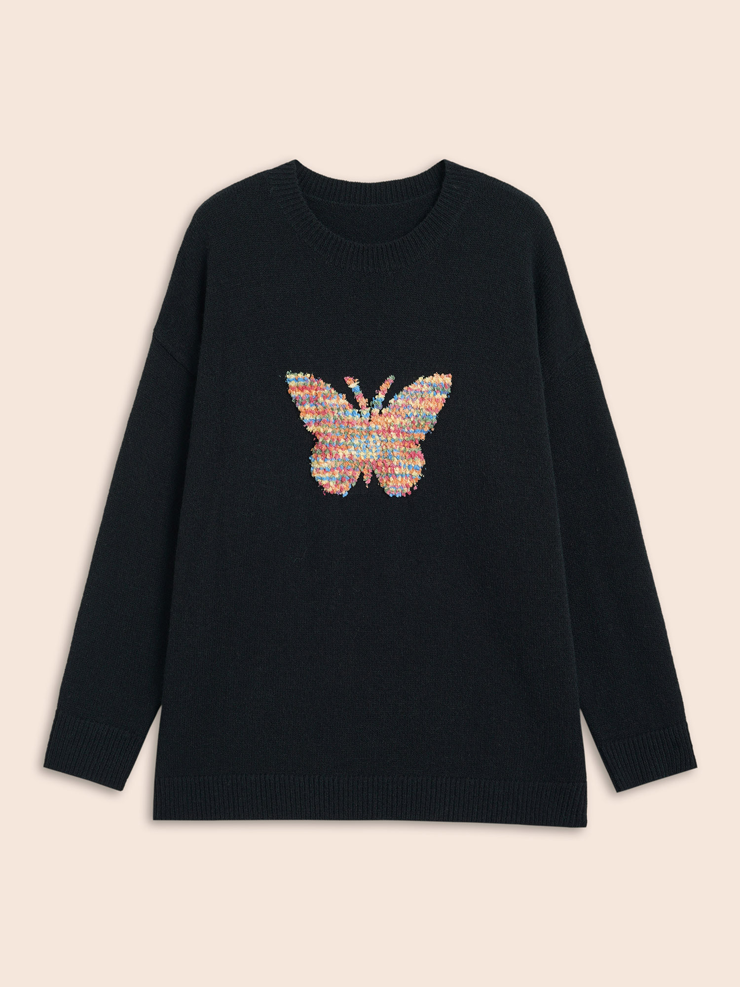 

Plus Size Butterfly Jacquard Drop Shoulder Pullover Black Women Casual Long Sleeve Round Neck Everyday Pullovers BloomChic