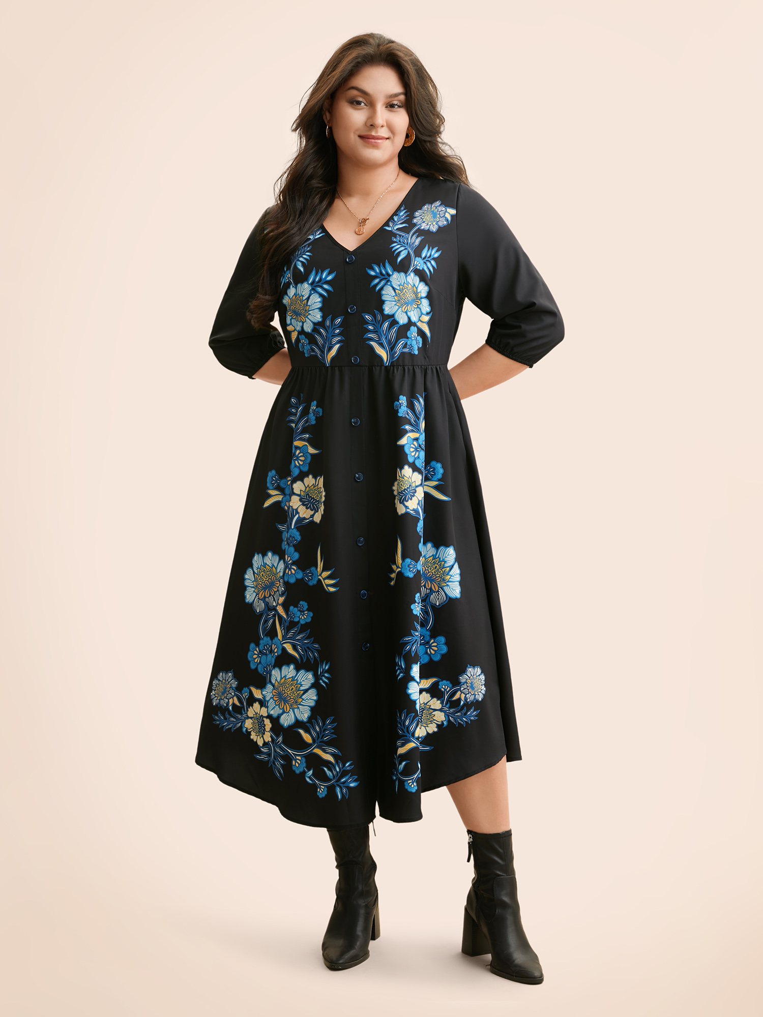 

Plus Size Boho Print Lantern Sleeve MIdi Dress BlackFlower Women Elegant Button V-neck Elbow-length sleeve Curvy BloomChic