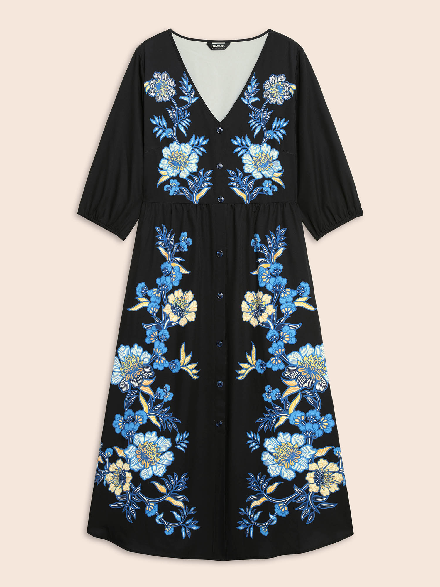 

Plus Size Boho Print Lantern Sleeve Midi Dress BlackFlower Women Elegant Button V-neck Elbow-length sleeve Curvy BloomChic