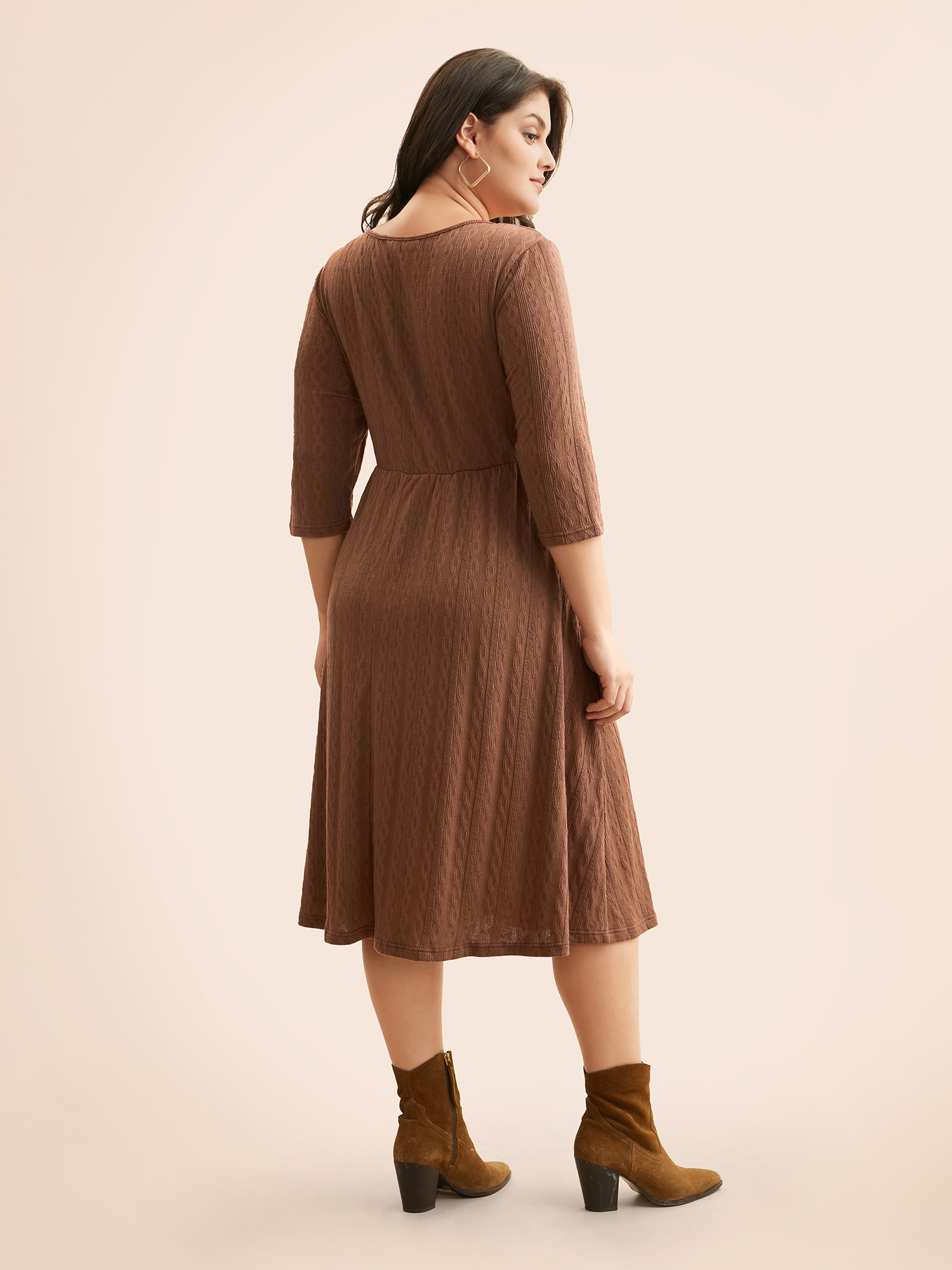 

Plus Size Plain Textured Button Detail Midi Dress Yellowishbrown Women Casual Texture V-neck Elbow-length sleeve Curvy BloomChic