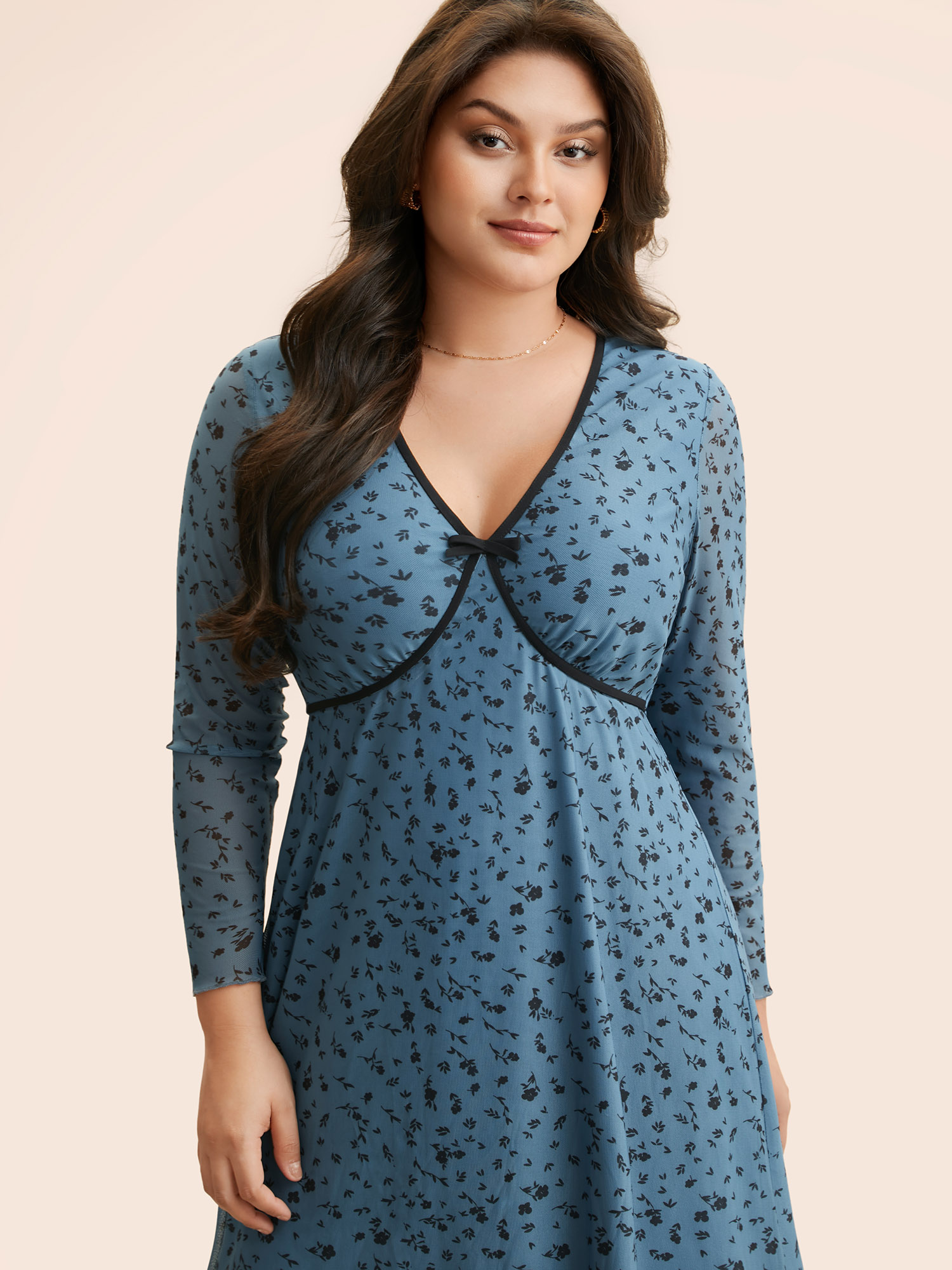 

Plus Size Ditsy Floral Bowknot Patchwork Mesh Dress Cerulean Women Elegant Woven ribbon&lace trim V-neck Long Sleeve Curvy BloomChic