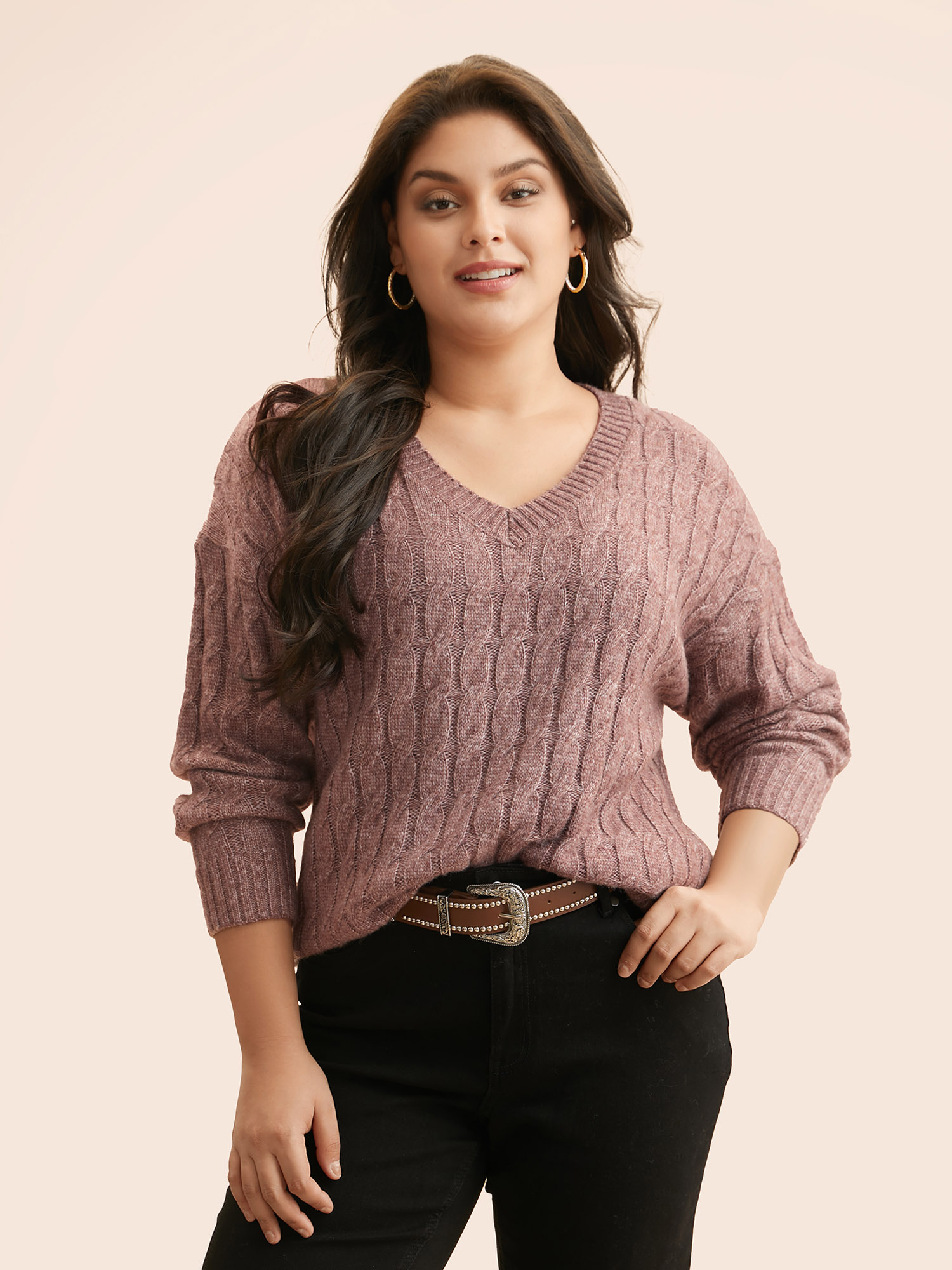 

Plus Size Heather Texture Cable Knit Pullover Plum Women Casual Long Sleeve V-neck Everyday Pullovers BloomChic