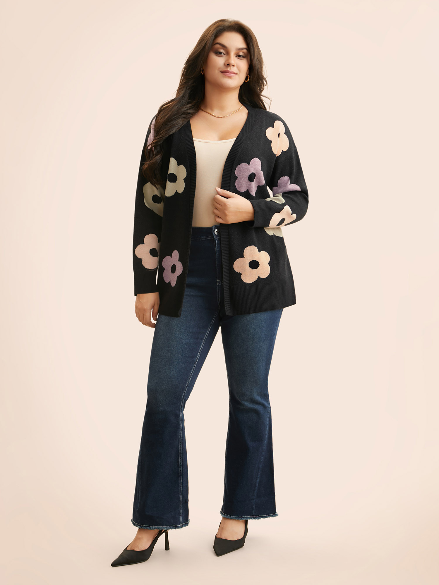 

Plus Size Contrast Floral Drop Shoulder Cardigan Black Women Elegant Loose Long Sleeve Everyday Cardigans BloomChic