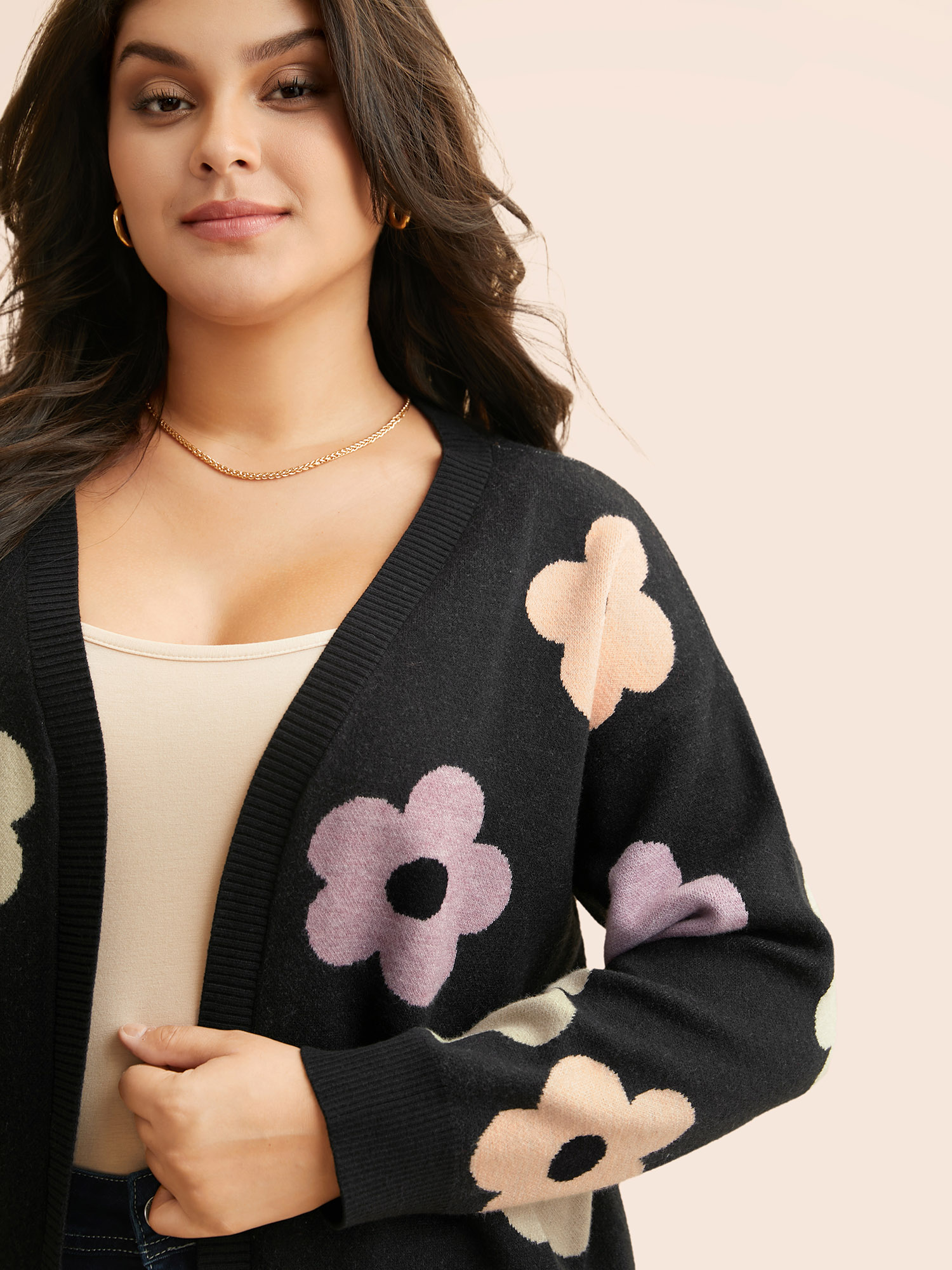 Plus Size Contrast Floral Drop Shoulder Cardigan Black Women Elegant Loose Long Sleeve Everyday Cardigans BloomChic 14-16/1X 