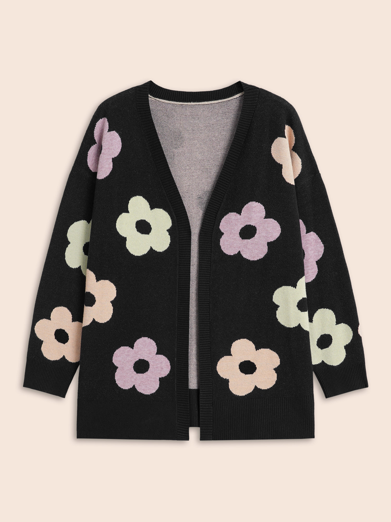Plus Size Contrast Floral Drop Shoulder Cardigan Black Women Elegant Loose Long Sleeve Everyday Cardigans BloomChic 14-16/1X 