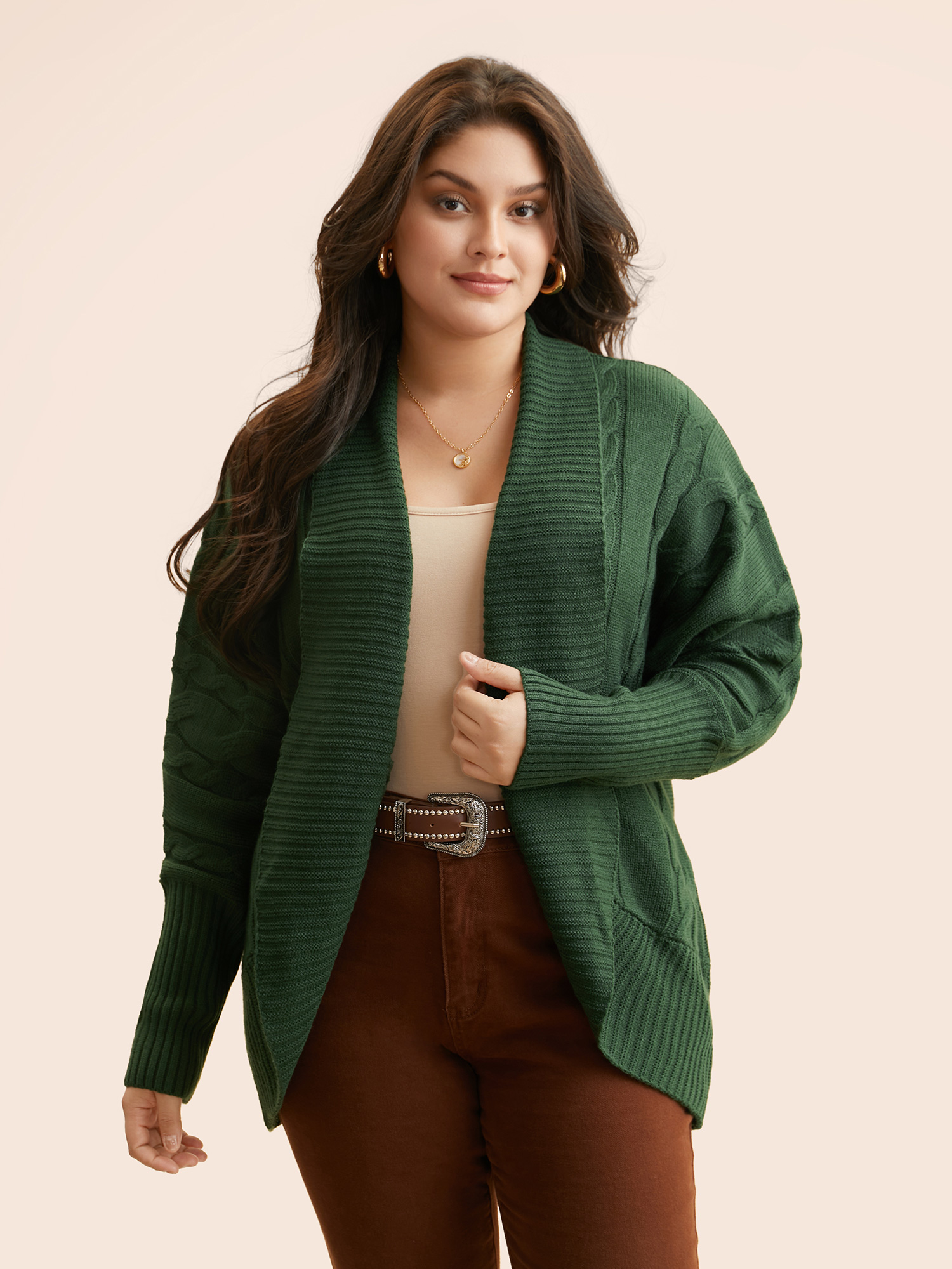 

Plus Size Texture Cable Knit Dolman Sleeve Cardigan DarkGreen Women Casual Loose Long Sleeve Everyday Cardigans BloomChic