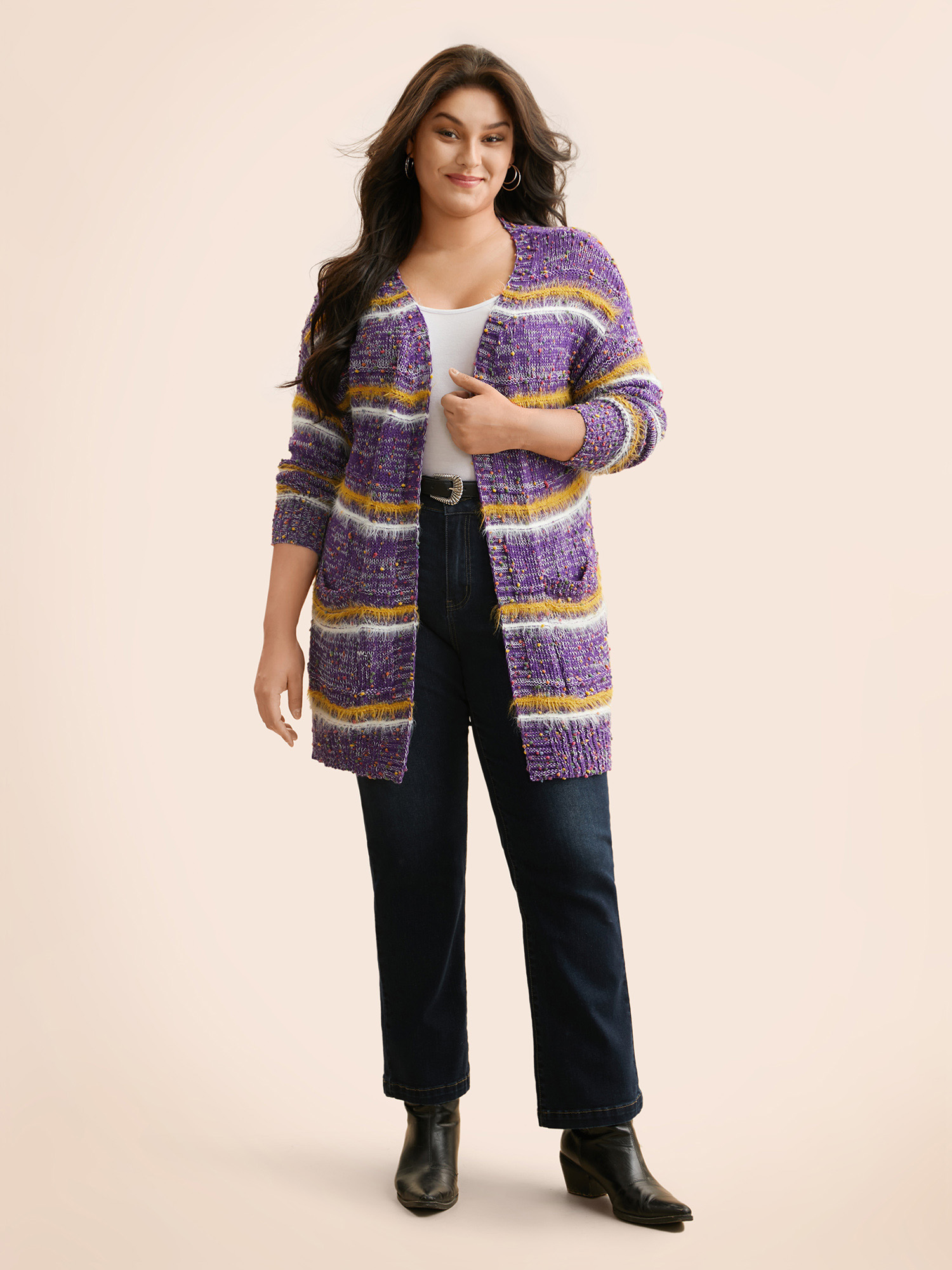 Plus Size Striped Contrast Texture Fluffy Cardigan Deeppurplered Women Casual Loose Long Sleeve Everyday Cardigans BloomChic 12/L 
