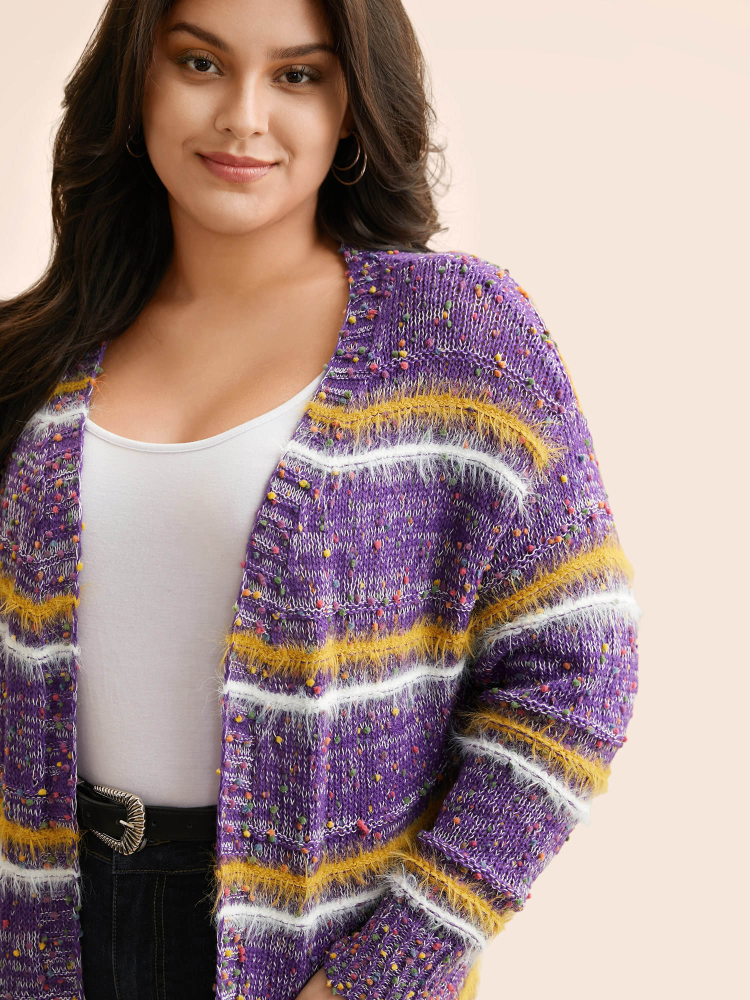 Plus Size Striped Contrast Texture Fluffy Cardigan Deeppurplered Women Casual Loose Long Sleeve Everyday Cardigans BloomChic 12/L 