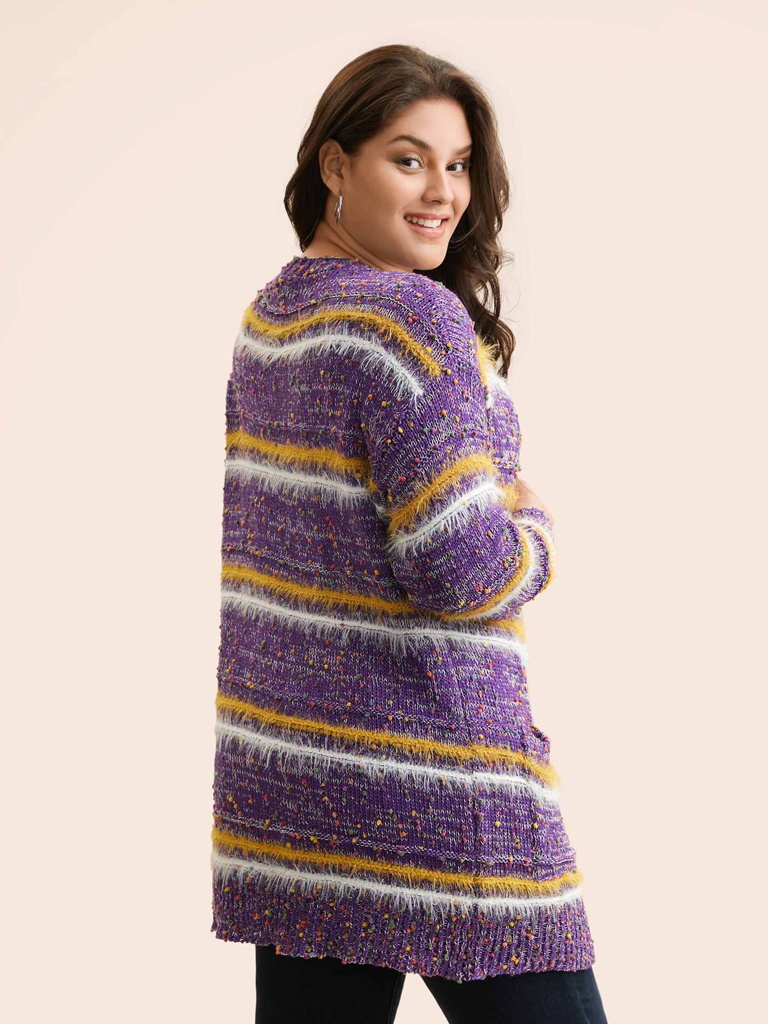 Plus Size Striped Contrast Texture Fluffy Cardigan Deeppurplered Women Casual Loose Long Sleeve Everyday Cardigans BloomChic 12/L 