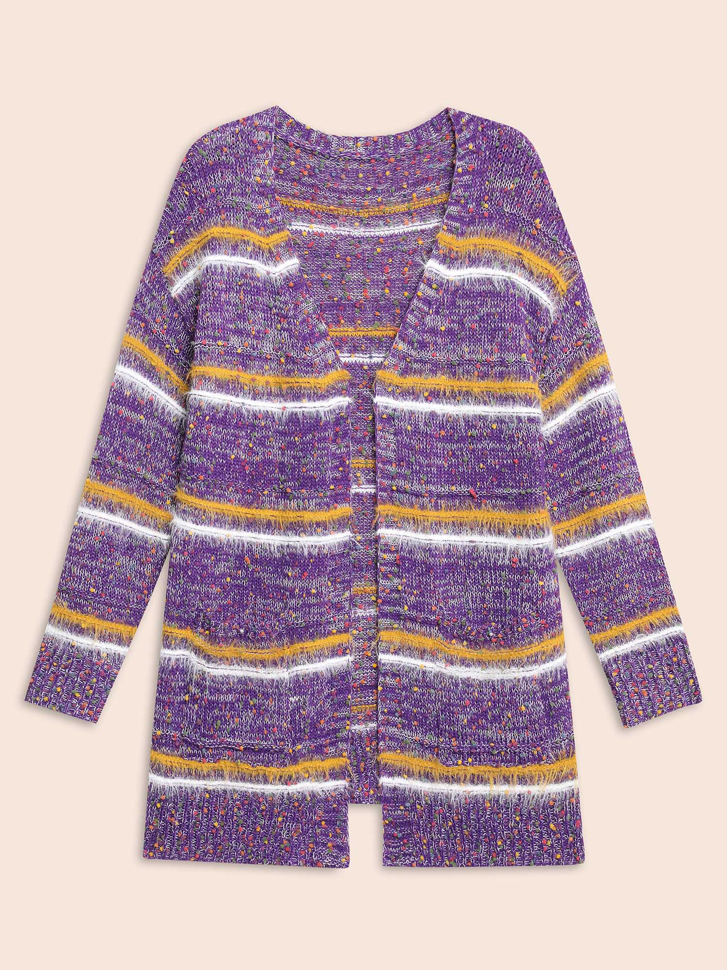 Plus Size Striped Contrast Texture Fluffy Cardigan Deeppurplered Women Casual Loose Long Sleeve Everyday Cardigans BloomChic 12/L 