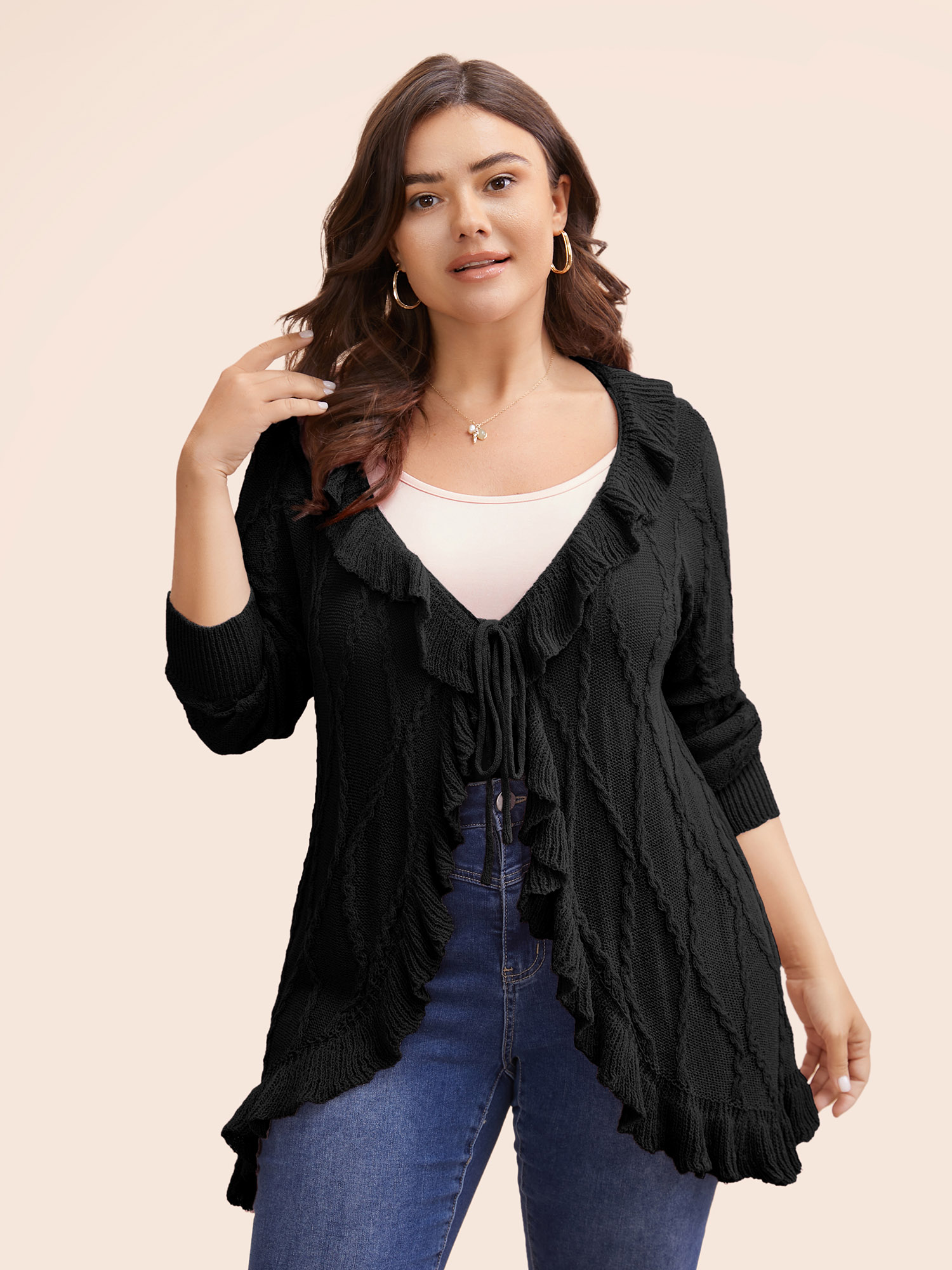 

Plus Size Ruffle Trim Ties Cable Knit Cardigan Black Women Casual Loose Long Sleeve Everyday Cardigans BloomChic