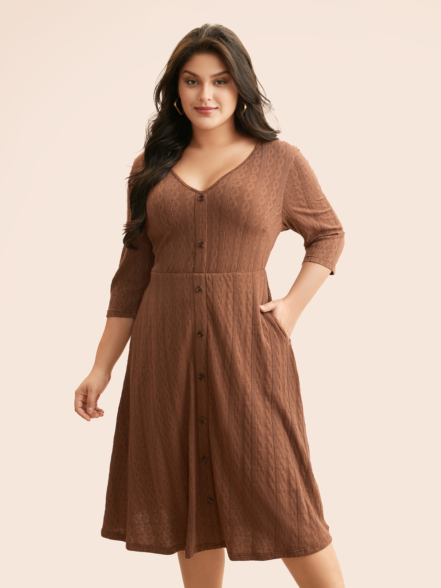 

Plus Size Plain Textured Button Detail Midi Dress Yellowishbrown Women Casual Texture V-neck Elbow-length sleeve Curvy BloomChic