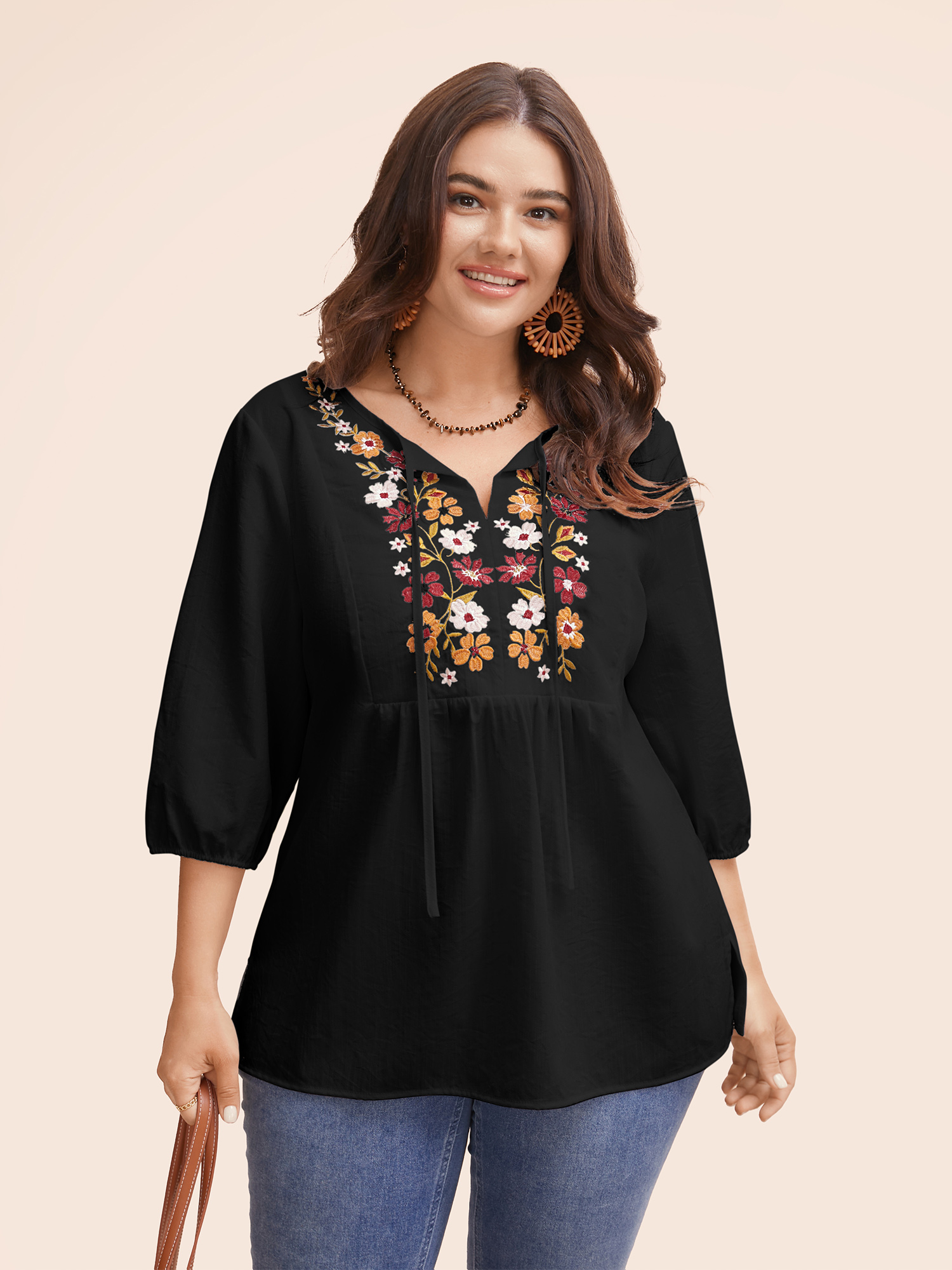 

Plus Size Black Floral Embroidered Tie Knot Lantern Sleeve Blouse Women Resort Elbow-length sleeve V-neck Vacation Blouses BloomChic