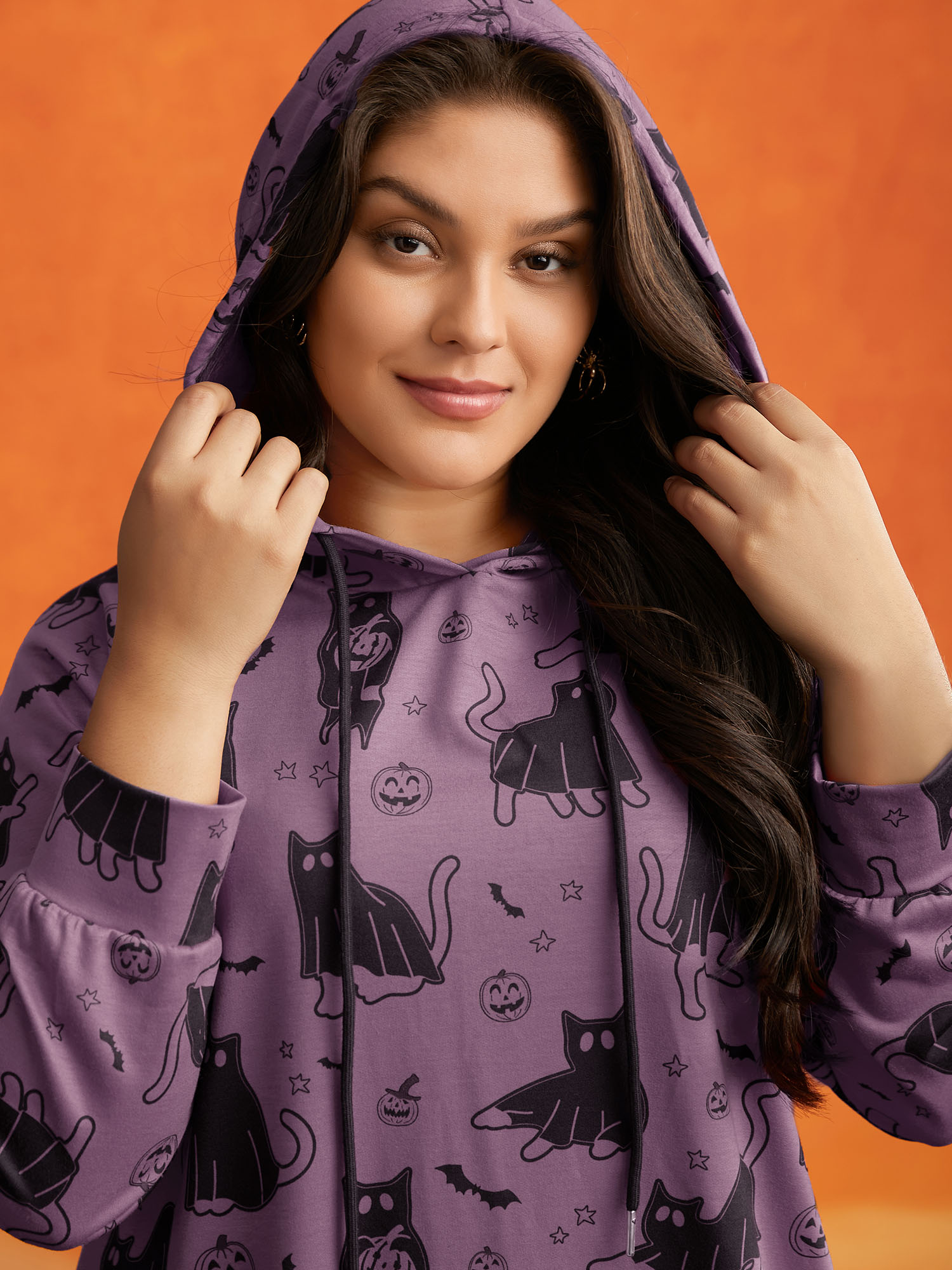 

Plus Size Pumpkin Cat Printed Hooded Midi Dress Mauve Long Sleeve Hooded Cocktail Party  Bloomchic